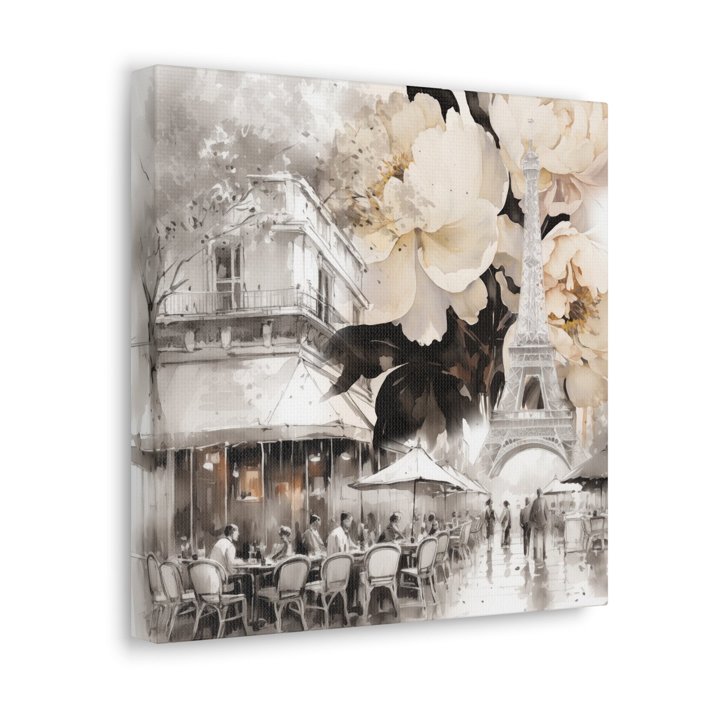 Cafe in Paris with Cream Peonies Canvas Gallery Wrap