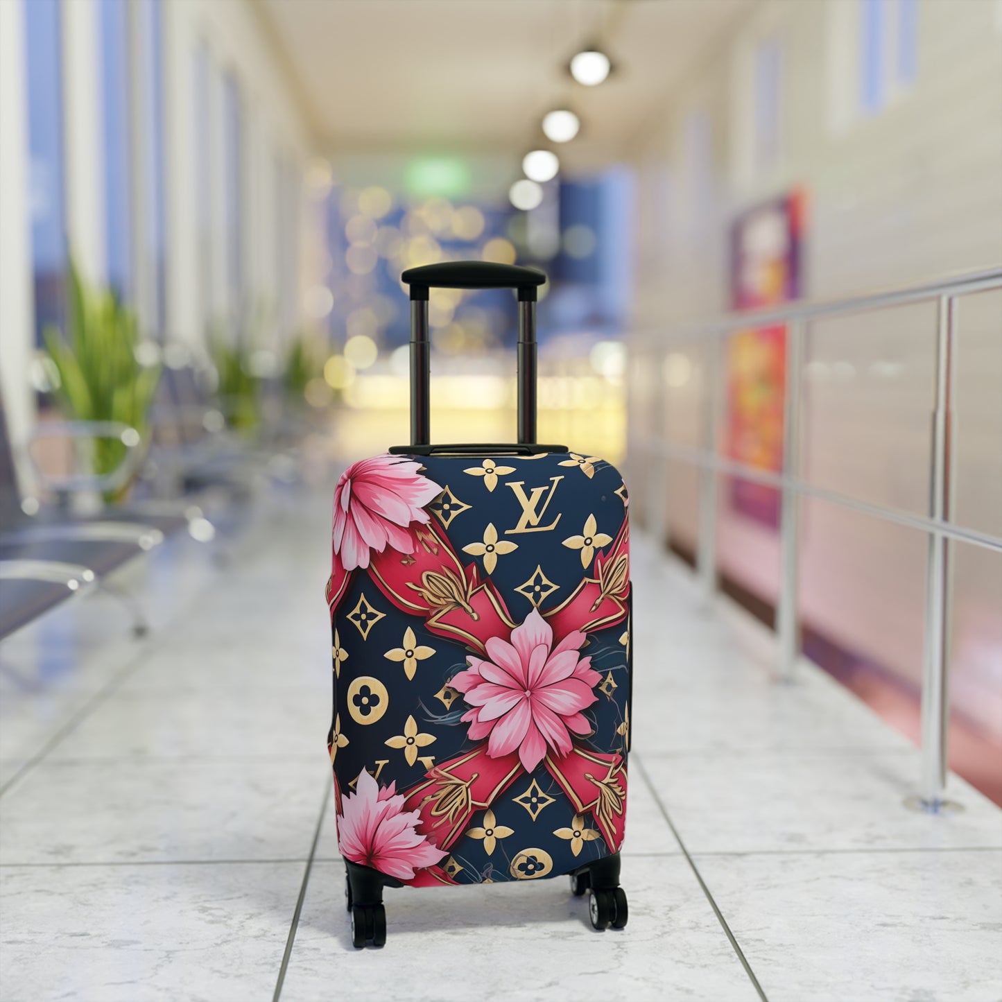 Designer Inspired Luggage Cover - LV Navy Pink Blossom
