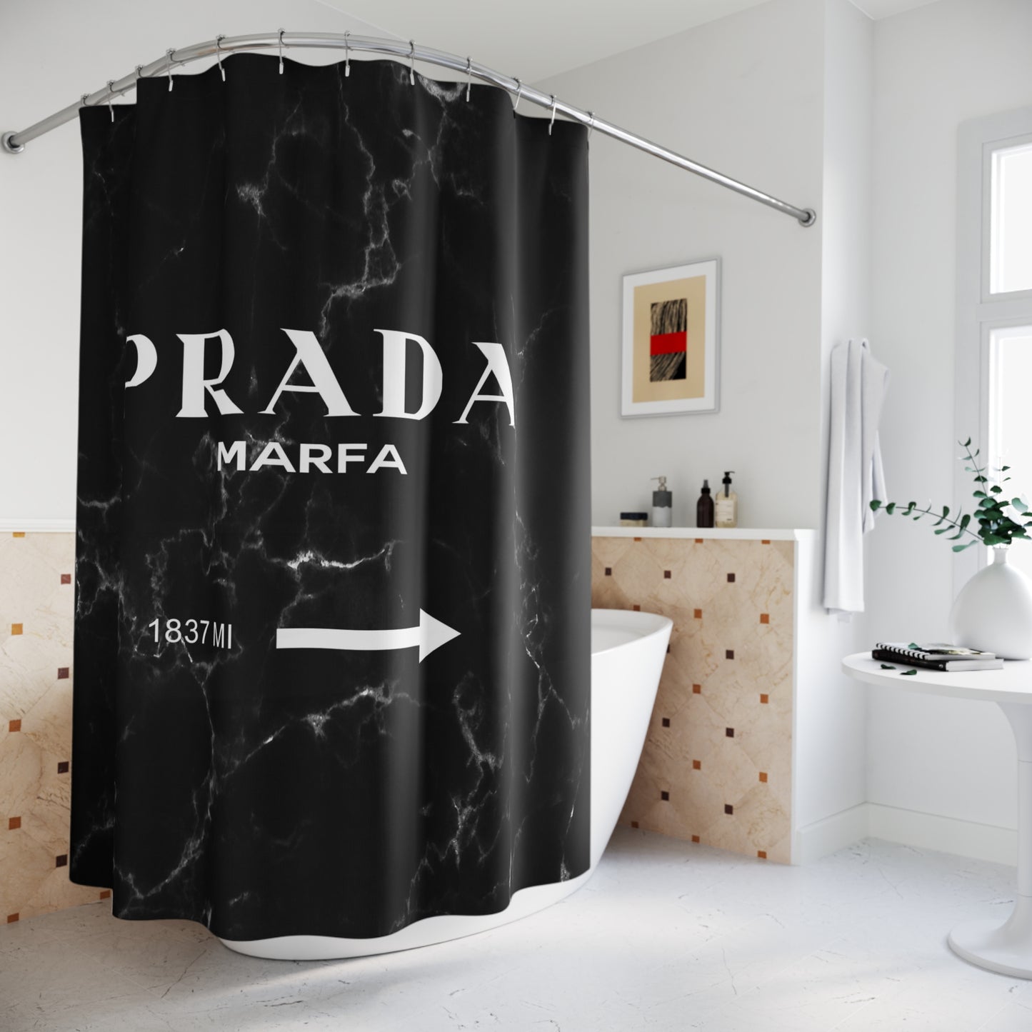 1837 MILES to MARFA Black White Marble Shower Curtain - Designer Shower Curtain - Marfa Texas Fashion Art Installation Sign