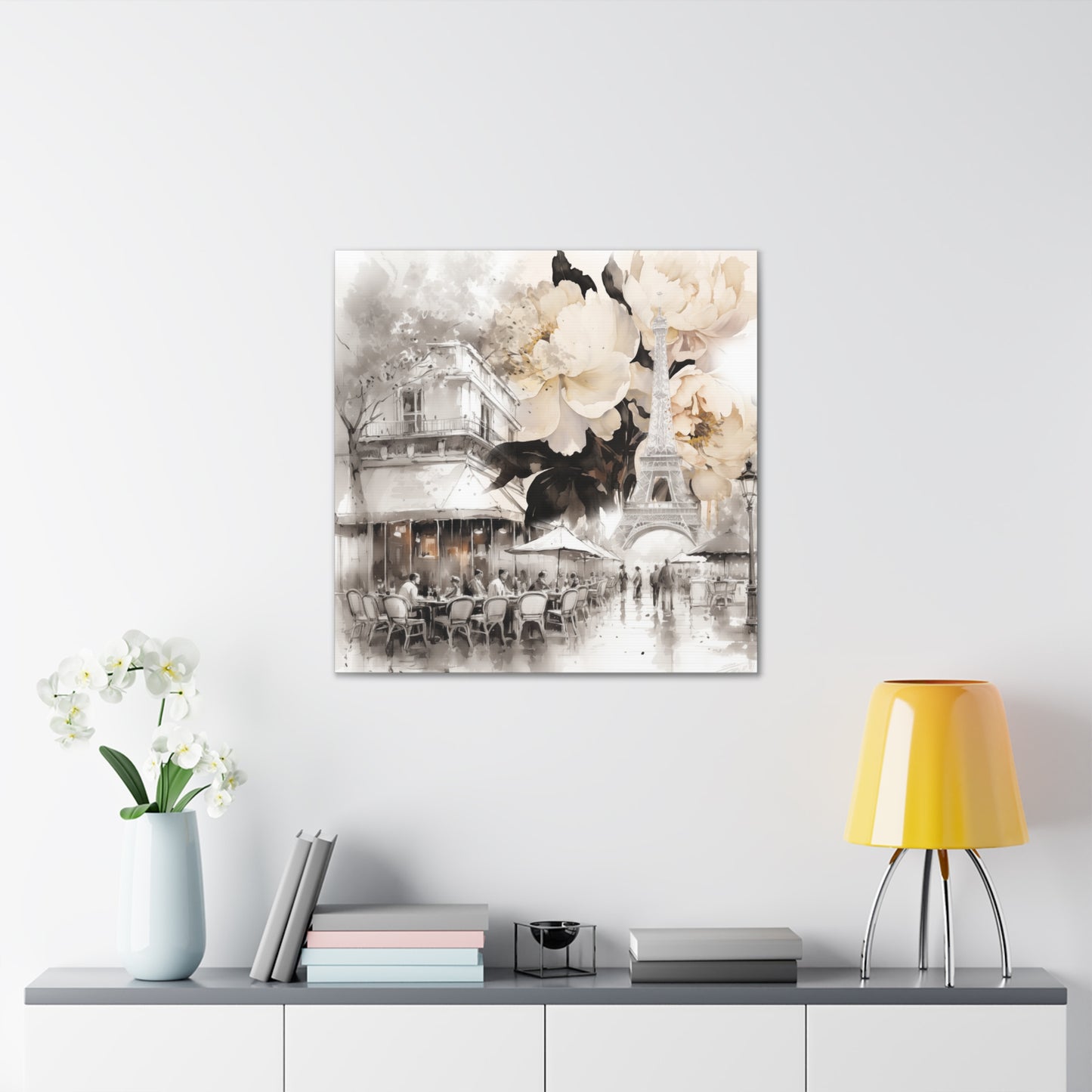 Cafe in Paris with Cream Peonies Canvas Gallery Wrap