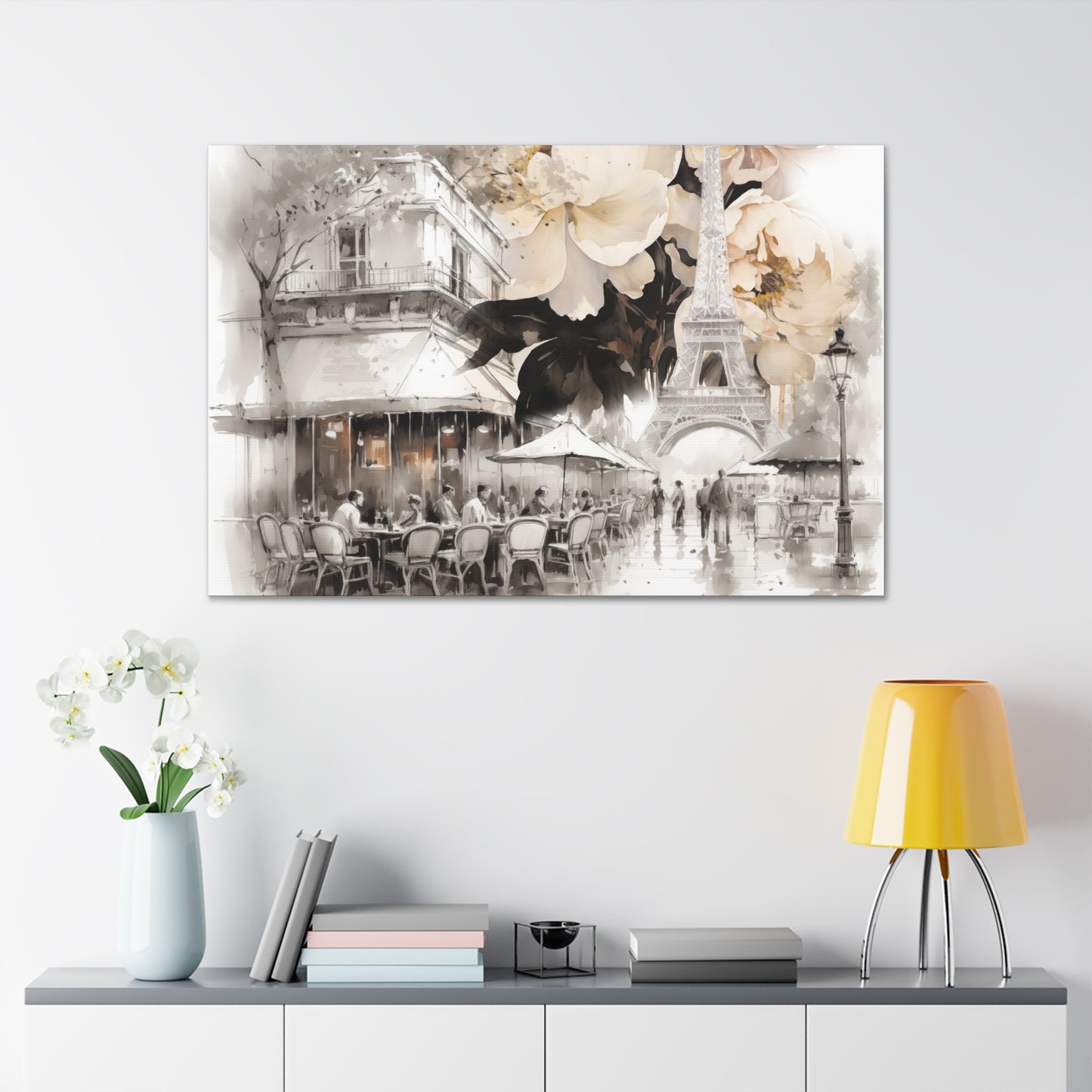 Cafe in Paris with Cream Peonies Canvas Gallery Wrap