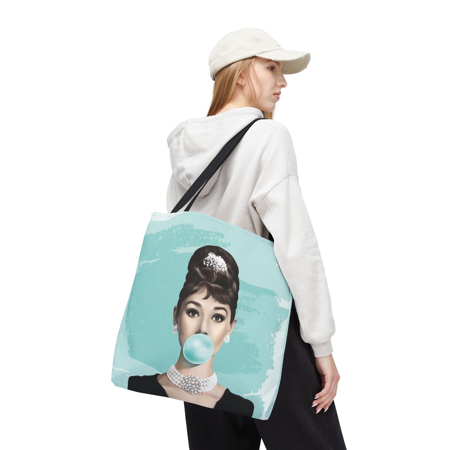 Audrey Hepburn Canvas Tote Bag, Basic Square Tote - Breakfast at Tiffany Inspired, Paris Blue Audrey Hepburn Bubblegum Tote