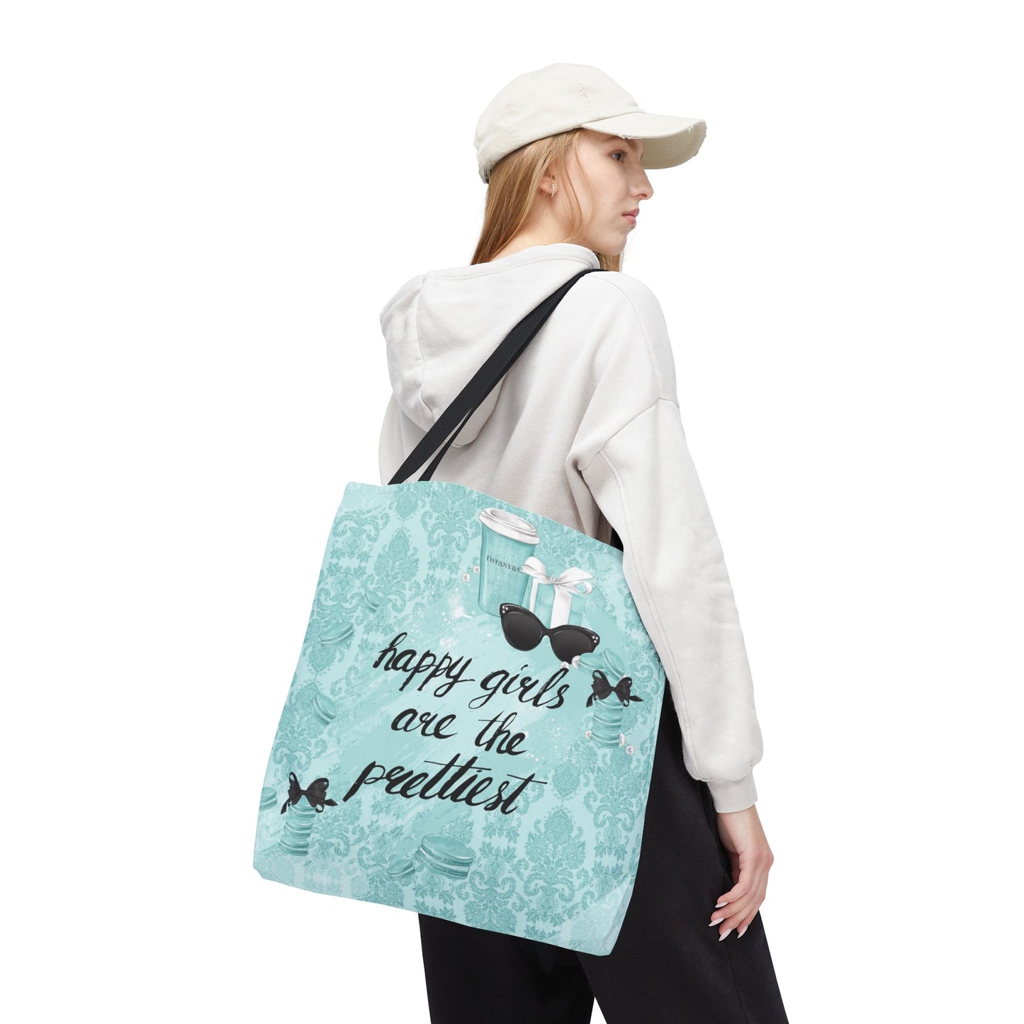 Happy Girls are the Prettiest Canvas Tote Bag, Basic Square Tote - Breakfast at Tiffany Inspired, Paris Blue Tote