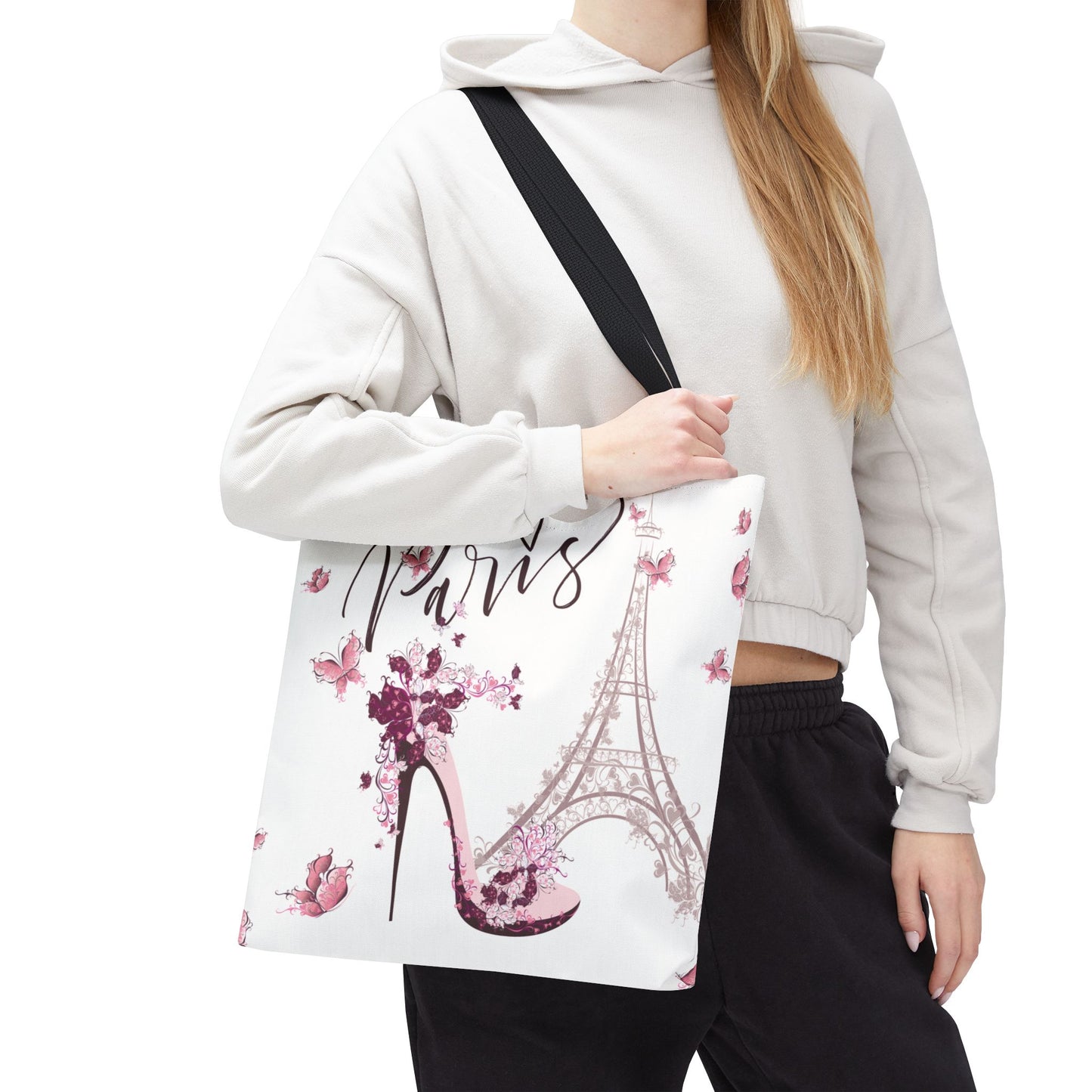 Eiffel Tower in Paris Tote Bag, Utility Tote - Paris France Inspired Tote - Pink Butterflies