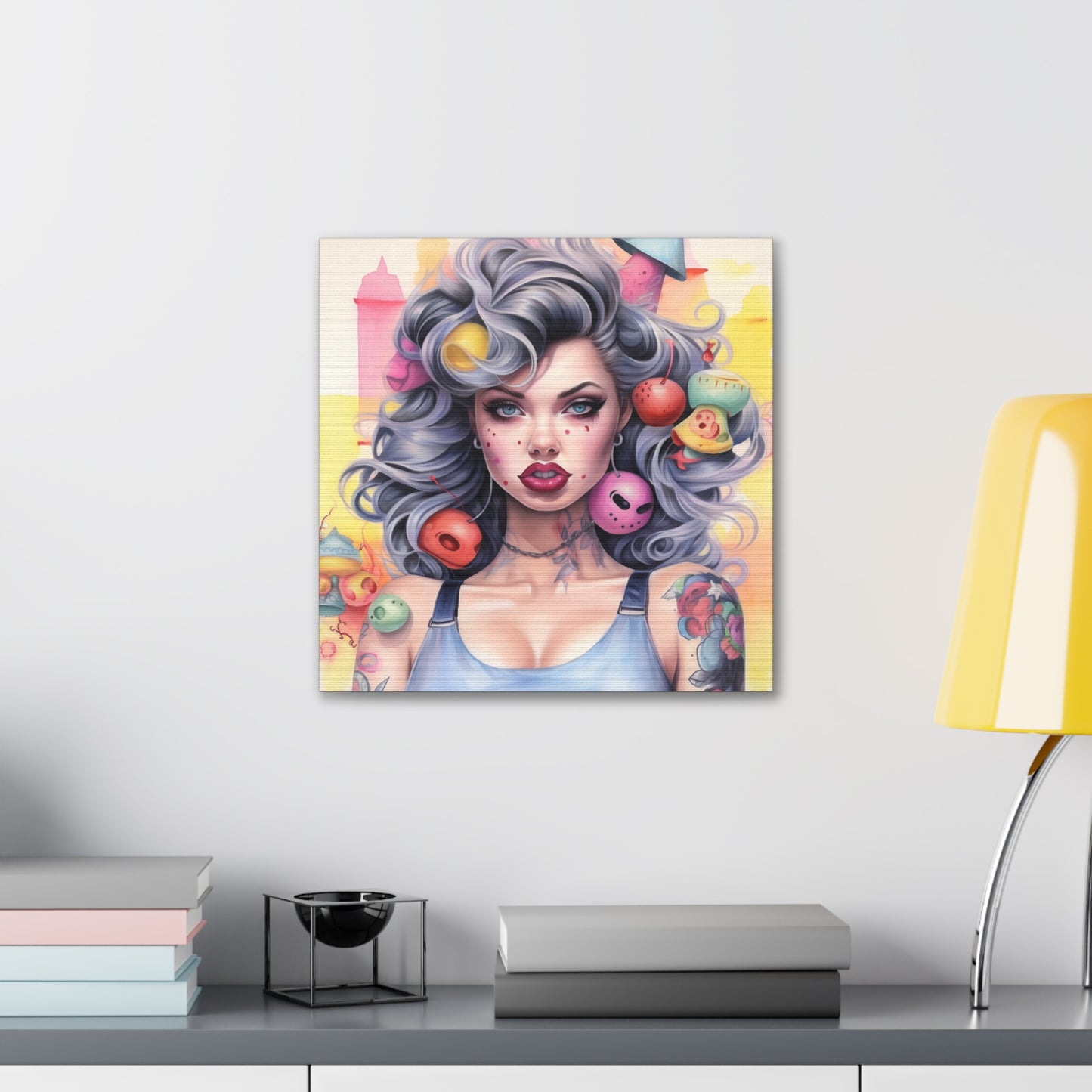 Gallery Wrapped Canvas, Tattooed Beauty, Femme Doll Pop Art Canvas – Lila