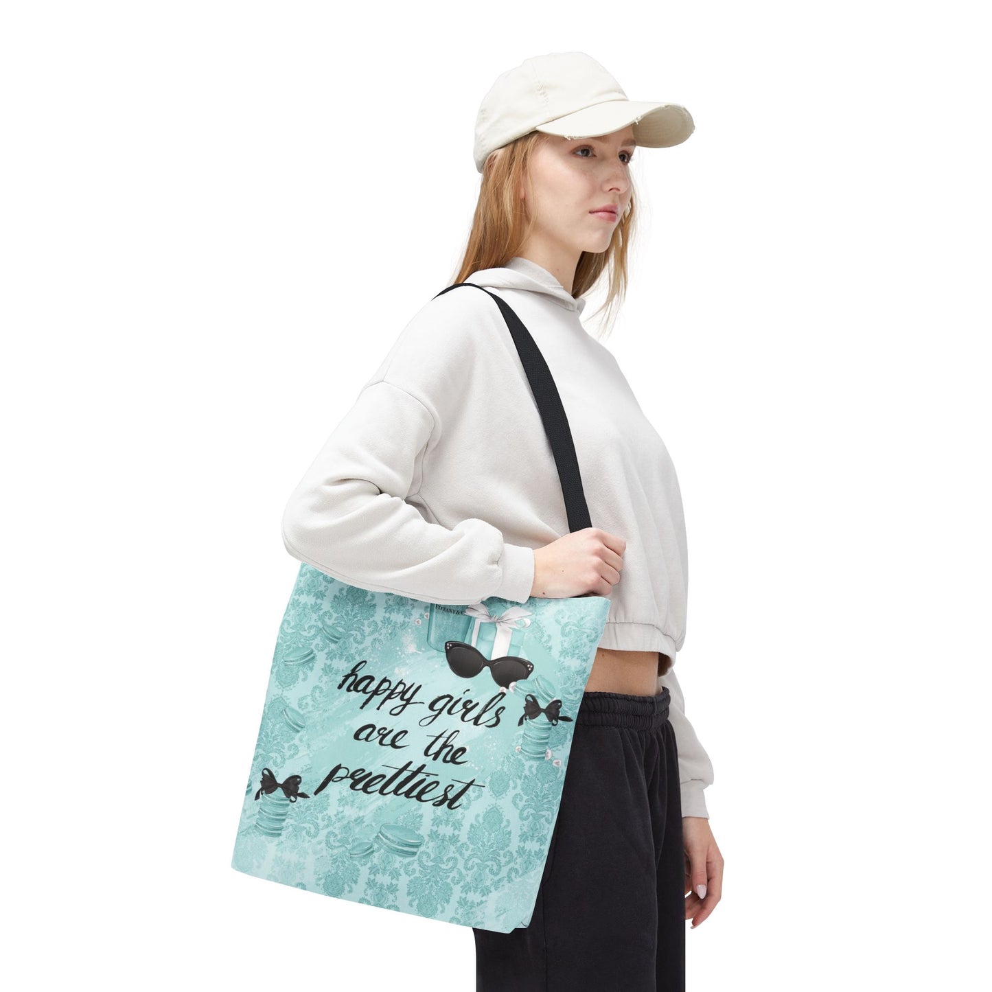Happy Girls are the Prettiest Canvas Tote Bag, Basic Square Tote - Breakfast at Tiffany Inspired, Paris Blue Tote
