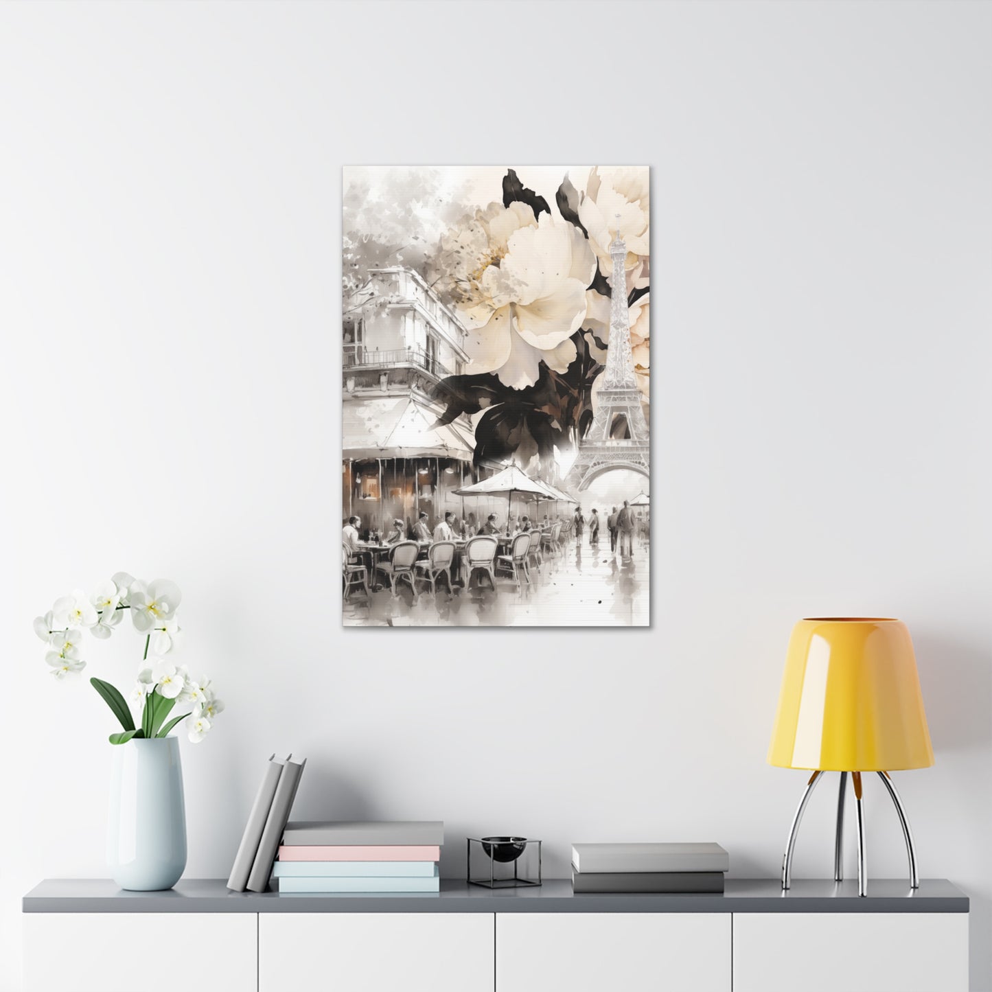 Cafe in Paris with Cream Peonies Canvas Gallery Wrap