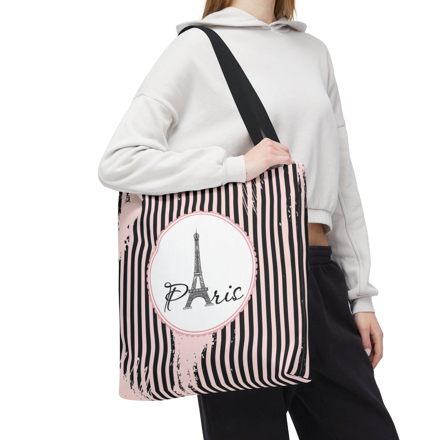 Paris Tote Bag, Utility Tote - Eiffel Tower Tote - Fashion Tote - Pink and Black Stripe