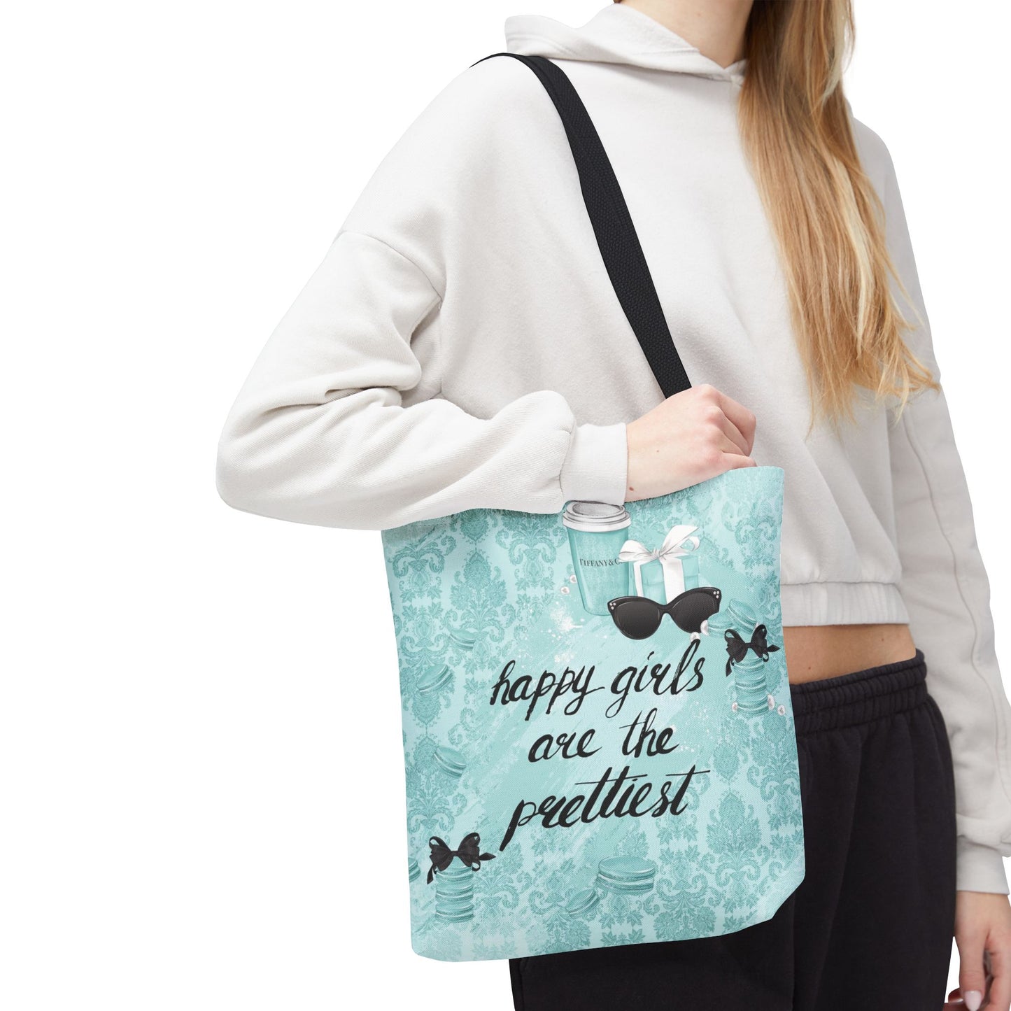 Happy Girls are the Prettiest Canvas Tote Bag, Basic Square Tote - Breakfast at Tiffany Inspired, Paris Blue Tote