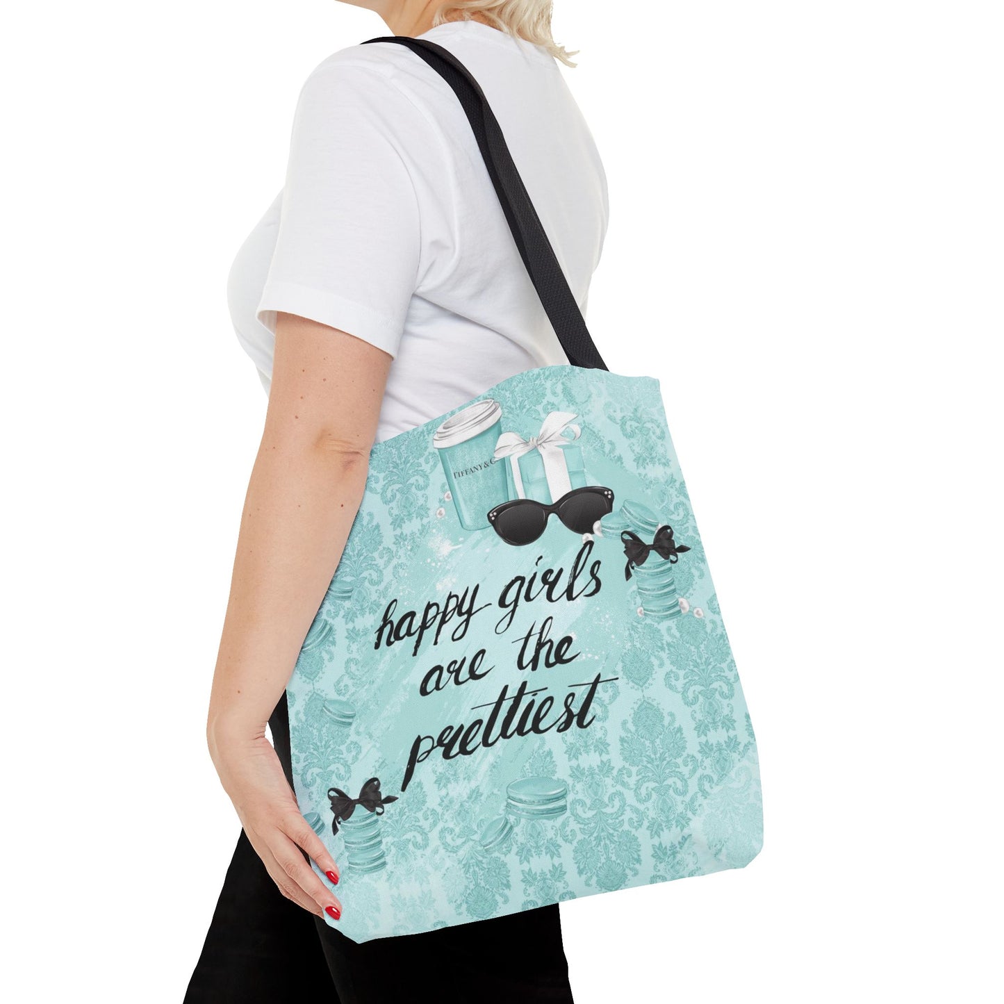 Happy Girls are the Prettiest Canvas Tote Bag, Basic Square Tote - Breakfast at Tiffany Inspired, Paris Blue Tote