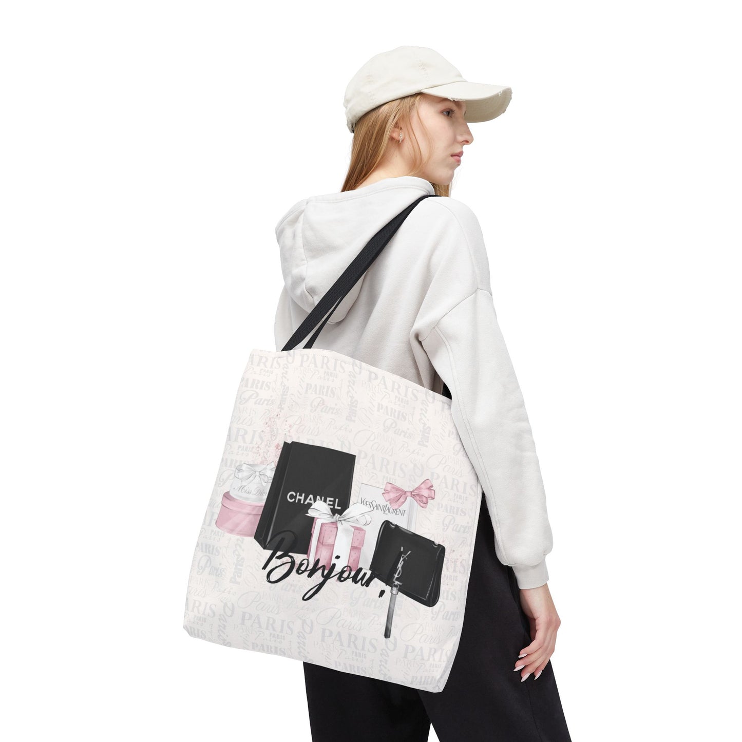 Bonjour Tote Bag, Utility Tote - Designer Inspired Tote - Shopping Fashion Tote - Parisian Pink