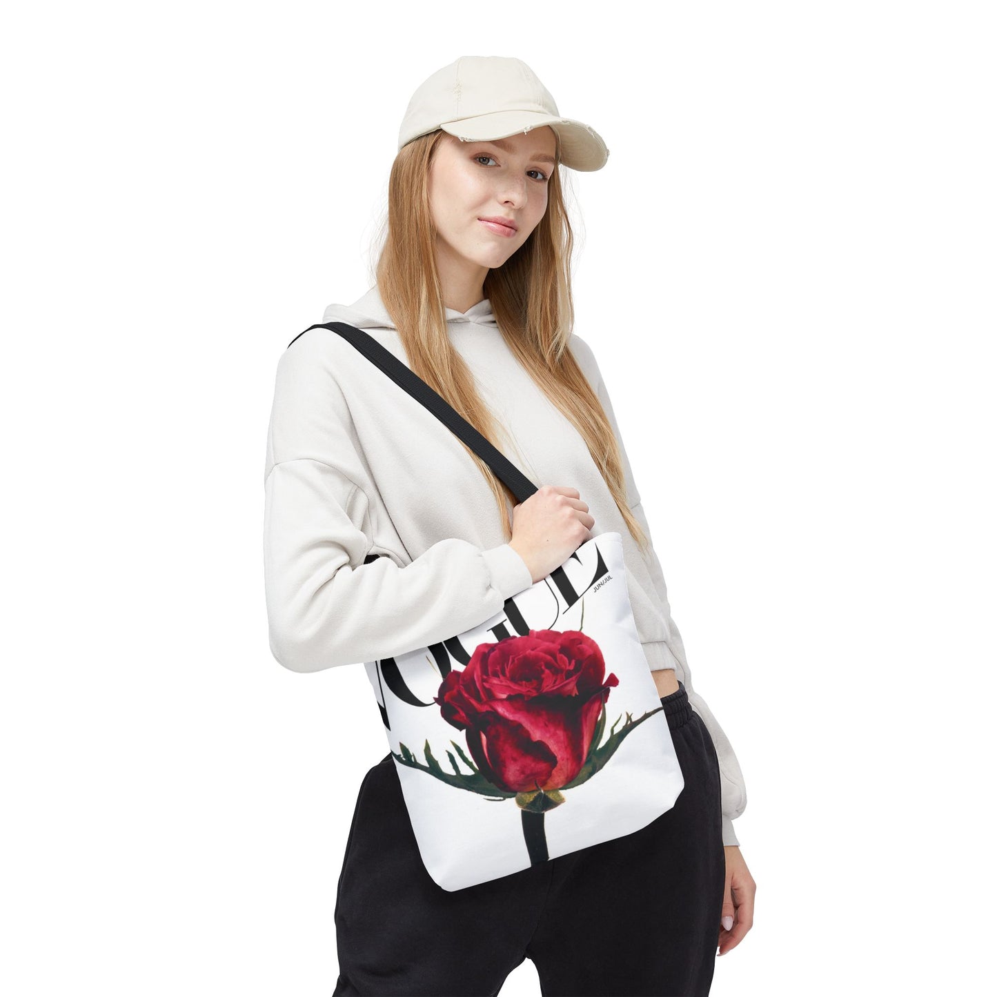 VOGUE Red Rose Square Utility Tote - Fashion Canvas Tote Bag - Designer Inspired Tote