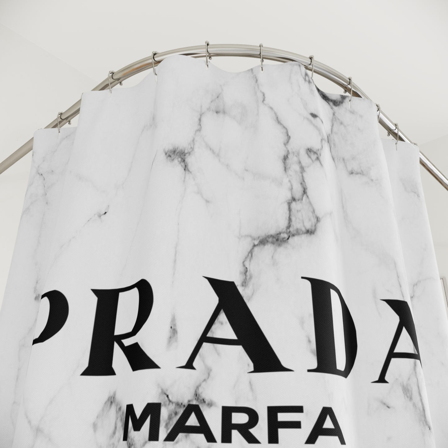1837 MILES to MARFA White Marble Shower Curtain - Designer Shower Curtain - Marfa Texas Fashion Art Installation Sign