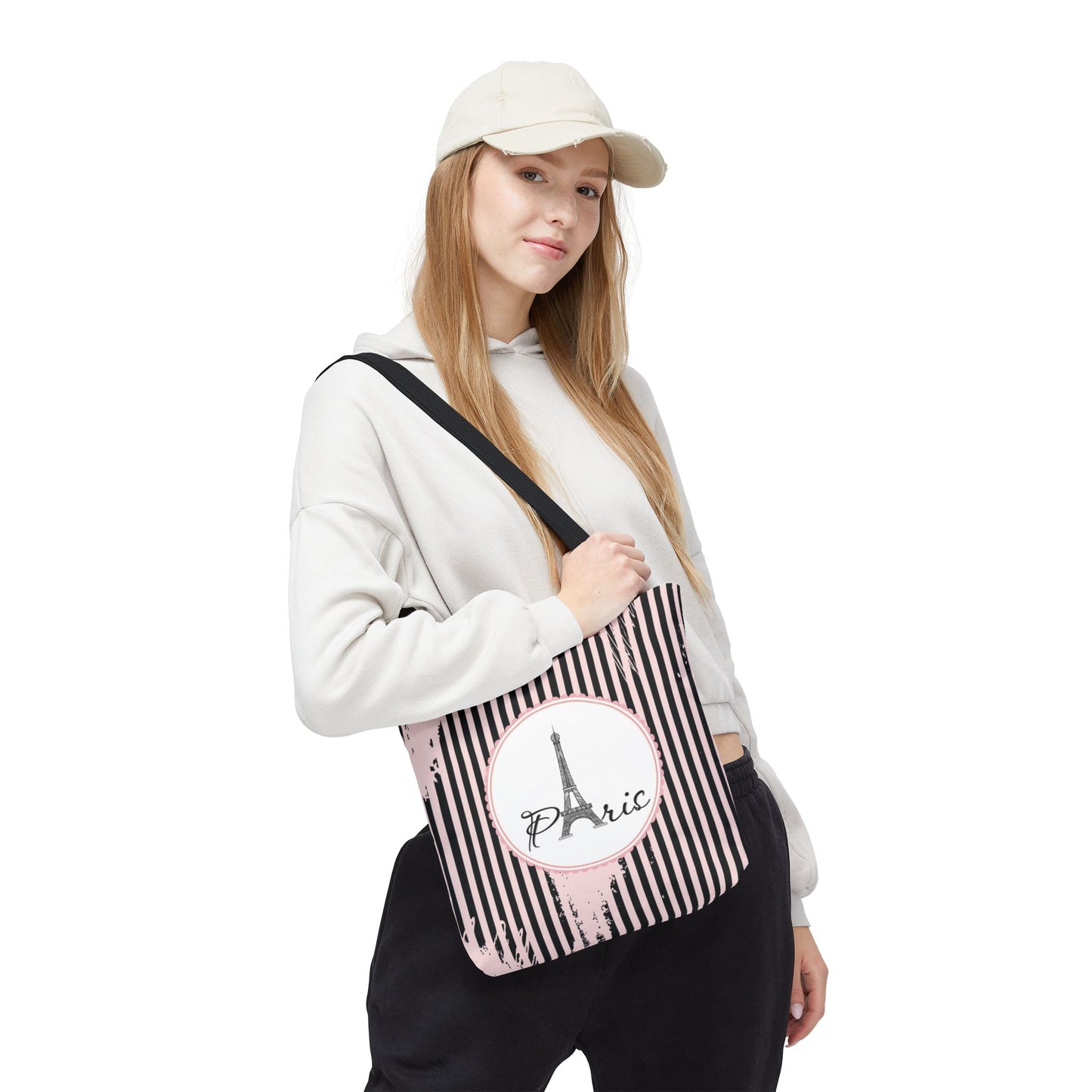 Paris Tote Bag, Utility Tote - Eiffel Tower Tote - Fashion Tote - Pink and Black Stripe