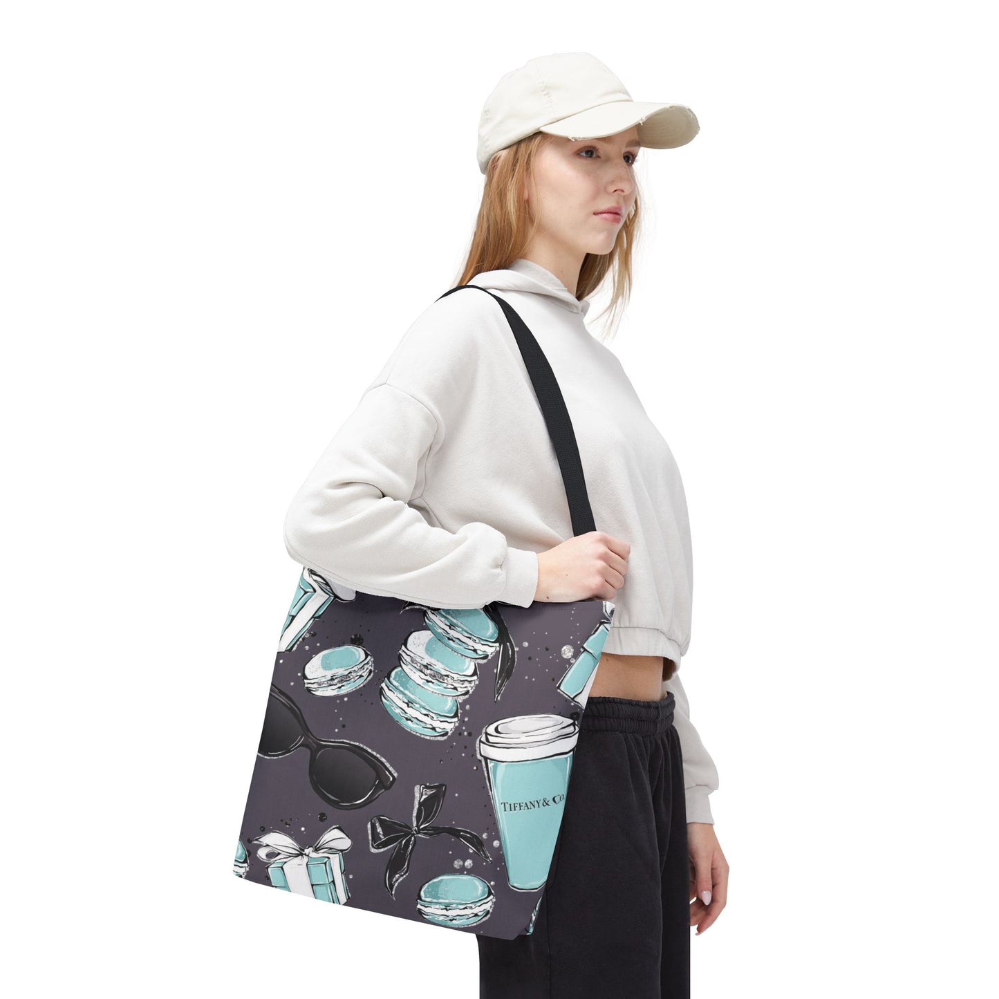 Coffee and Macarons Canvas Tote Bag, Basic Square Tote - Breakfast at Tiffany Inspired