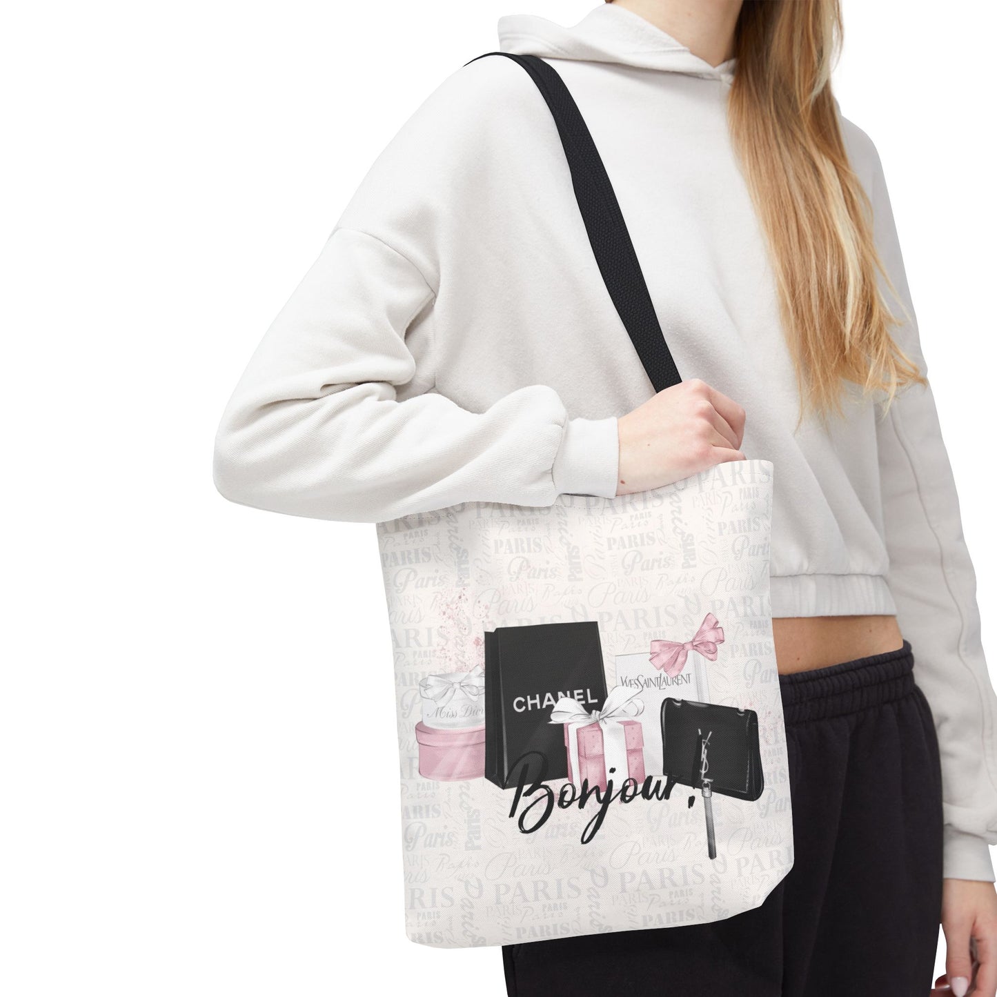 Bonjour Tote Bag, Utility Tote - Designer Inspired Tote - Shopping Fashion Tote - Parisian Pink