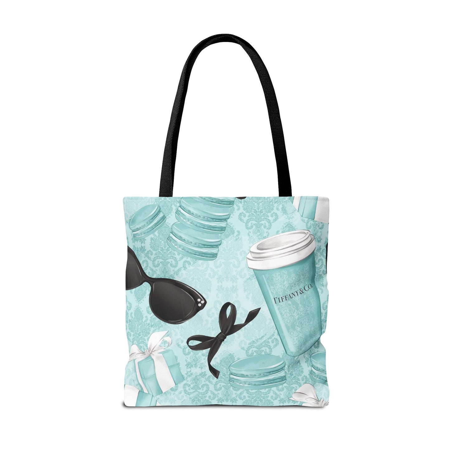 Coffee and Macarons Canvas Tote Bag, Basic Square Tote - Breakfast at Tiffany Inspired, Paris Blue