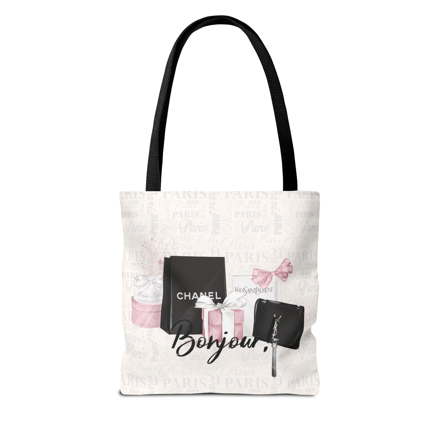 Bonjour Tote Bag, Utility Tote - Designer Inspired Tote - Shopping Fashion Tote - Parisian Pink