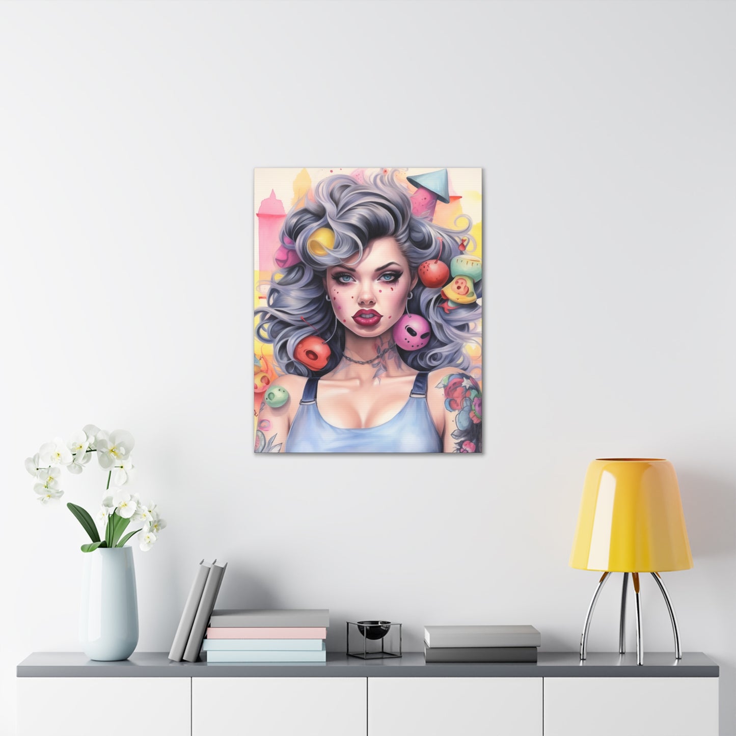 Gallery Wrapped Canvas, Tattooed Beauty, Femme Doll Pop Art Canvas – Lila