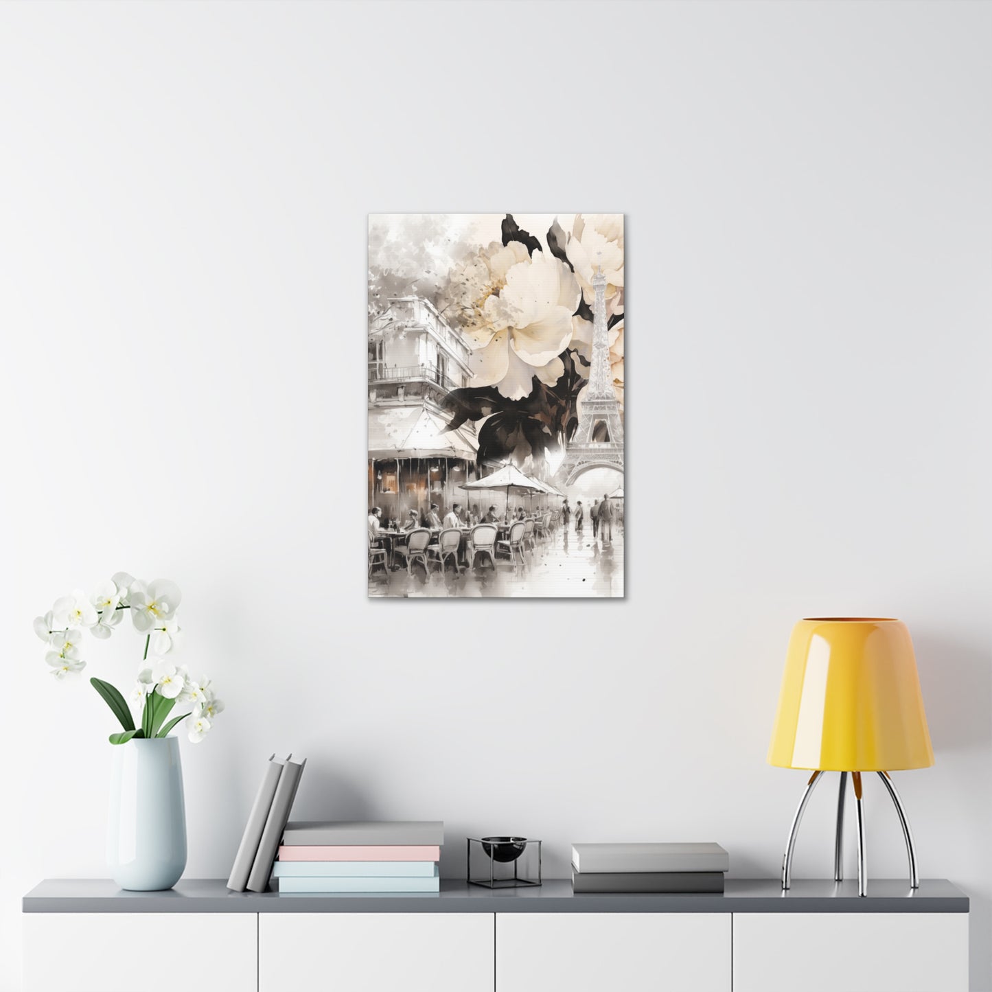 Cafe in Paris with Cream Peonies Canvas Gallery Wrap