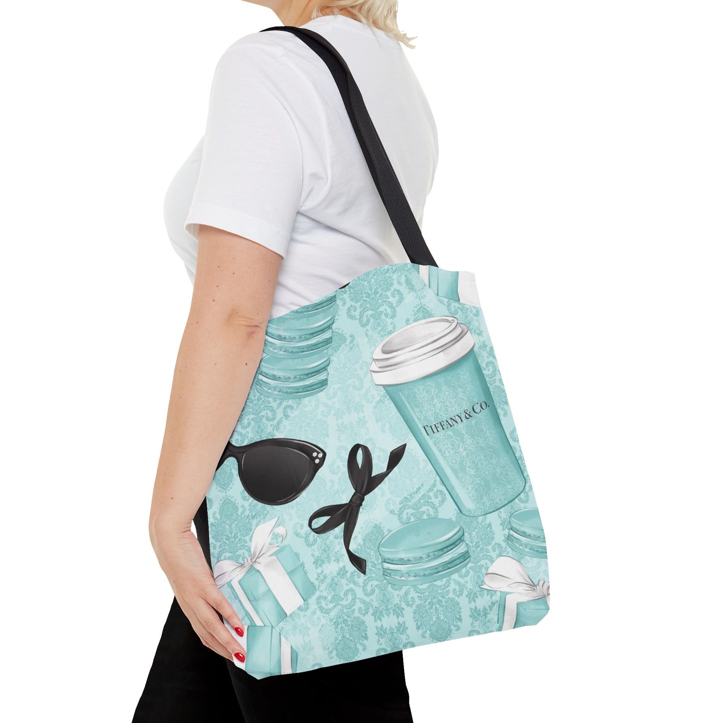 Coffee and Macarons Canvas Tote Bag, Basic Square Tote - Breakfast at Tiffany Inspired, Paris Blue
