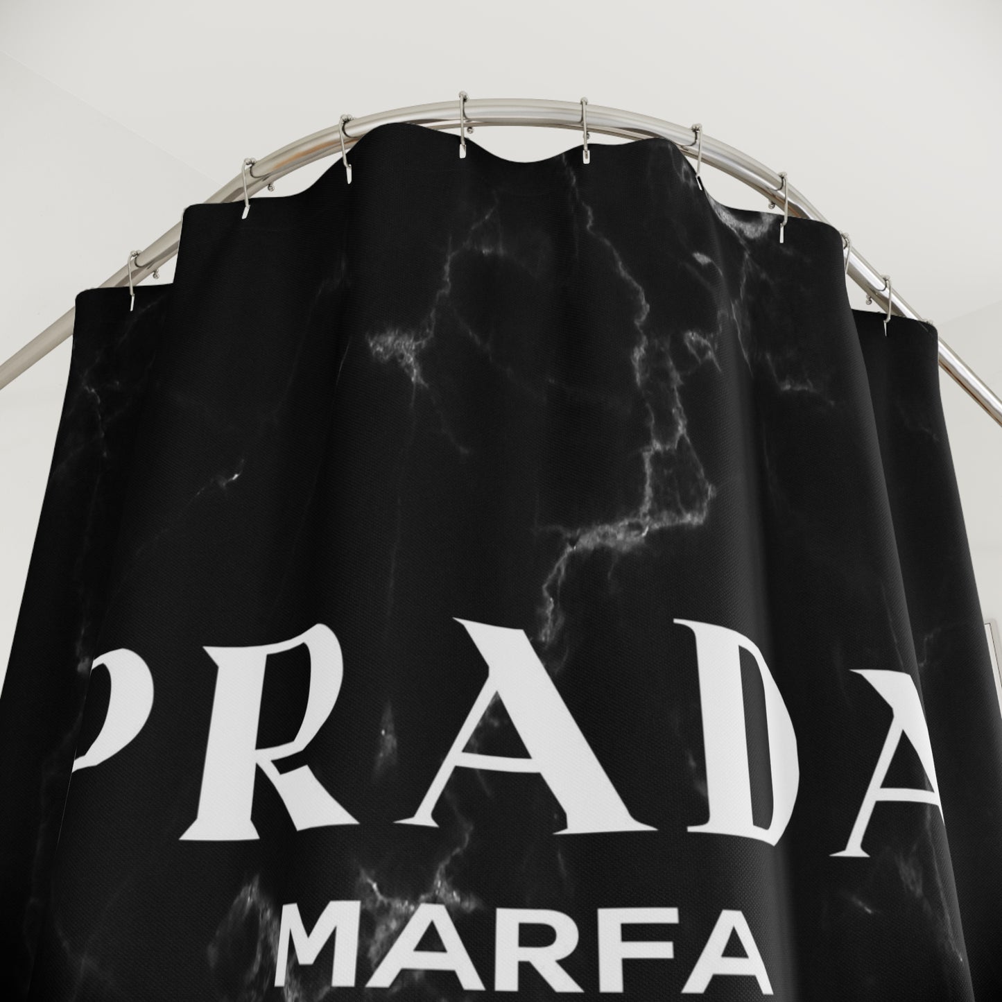 1837 MILES to MARFA Black White Marble Shower Curtain - Designer Shower Curtain - Marfa Texas Fashion Art Installation Sign