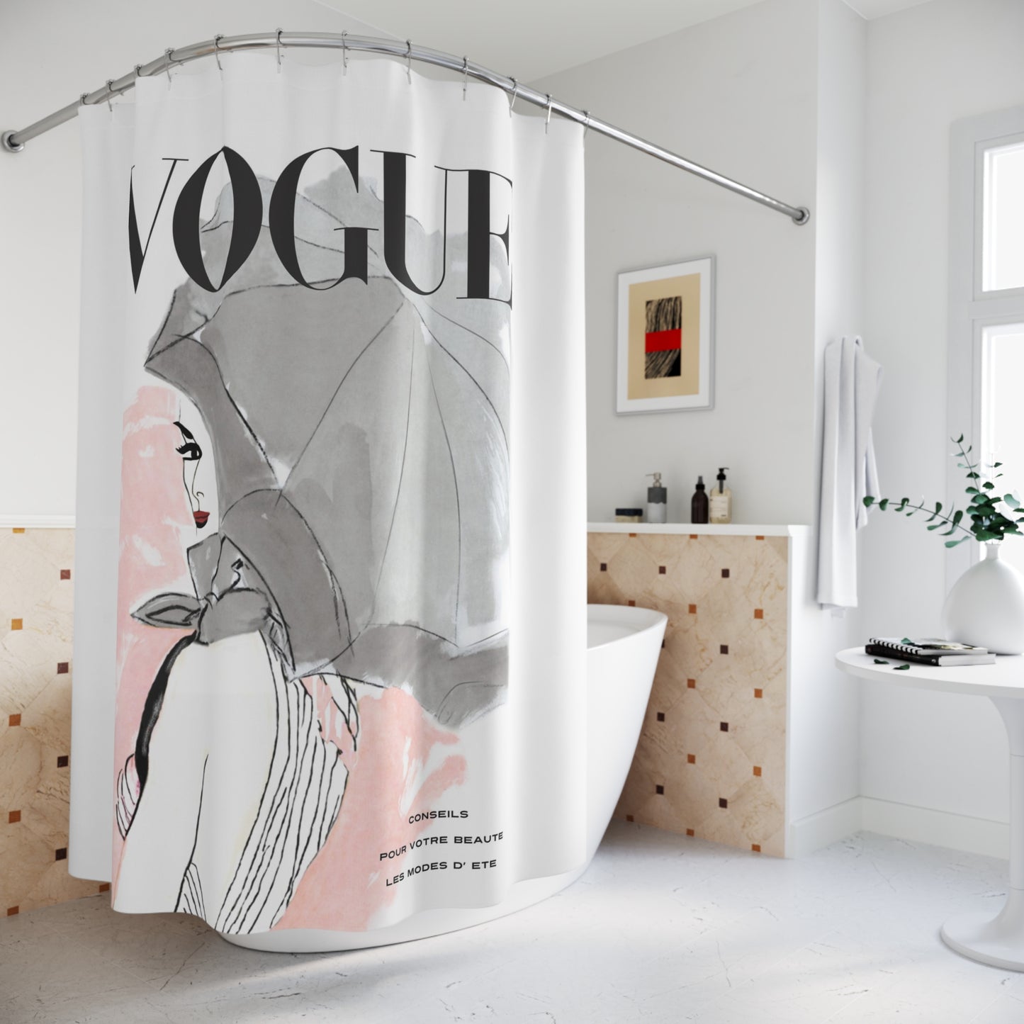 VOGUE Summer Fashion Shower Curtain - Fashion Magazine Shower Curtain - Pink Umbrella Fashion Bathroom Curtain