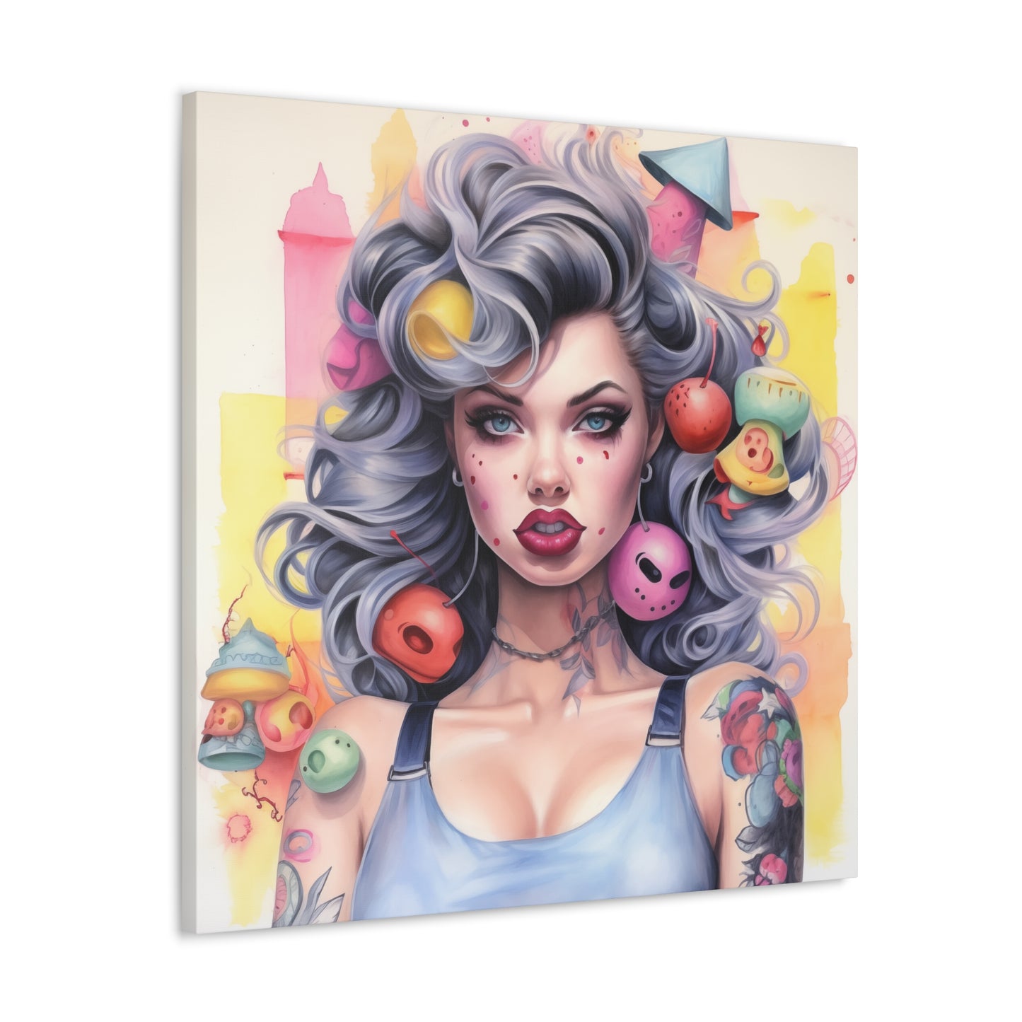 Gallery Wrapped Canvas, Tattooed Beauty, Femme Doll Pop Art Canvas – Lila