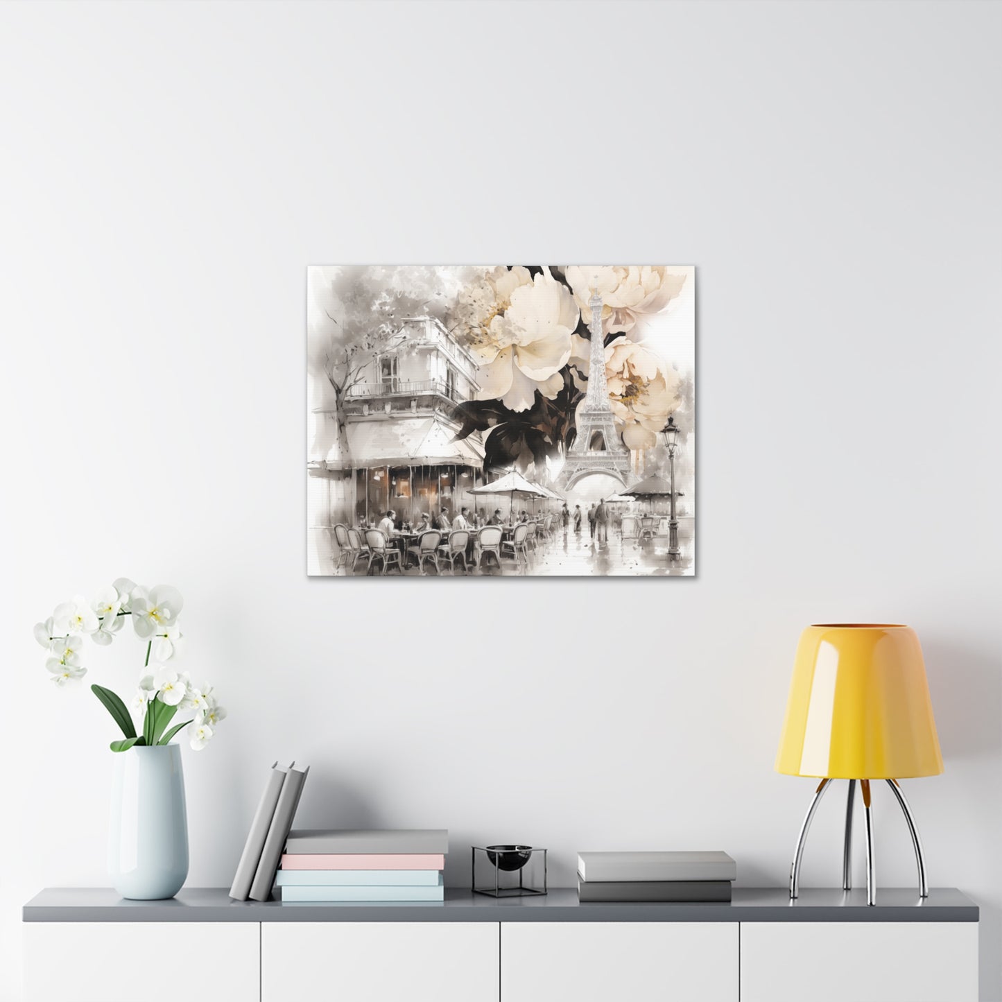 Cafe in Paris with Cream Peonies Canvas Gallery Wrap