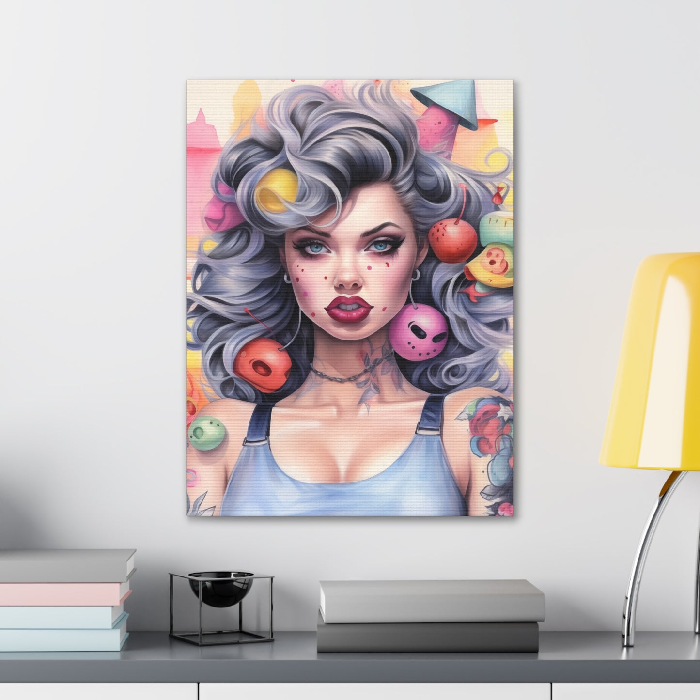 Gallery Wrapped Canvas, Tattooed Beauty, Femme Doll Pop Art Canvas – Lila