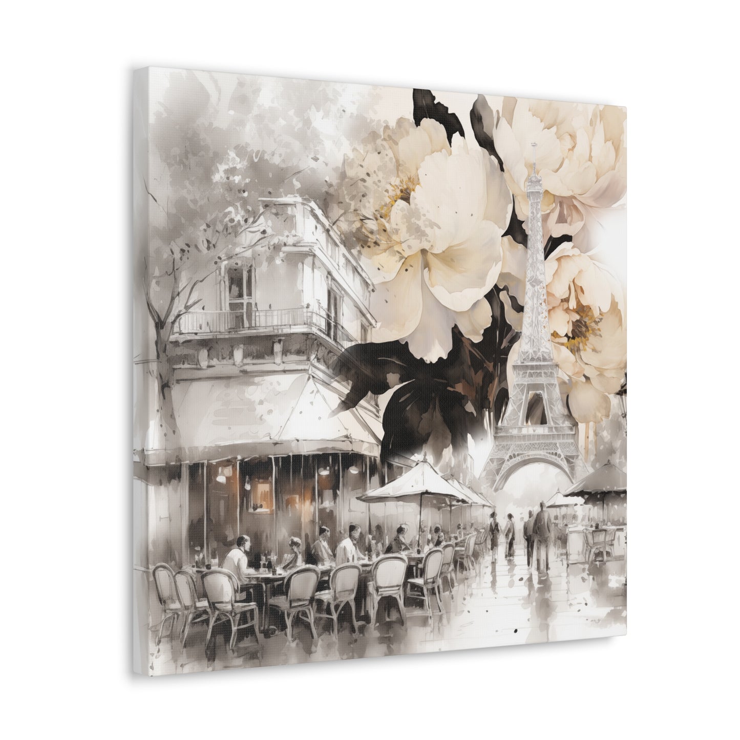 Cafe in Paris with Cream Peonies Canvas Gallery Wrap