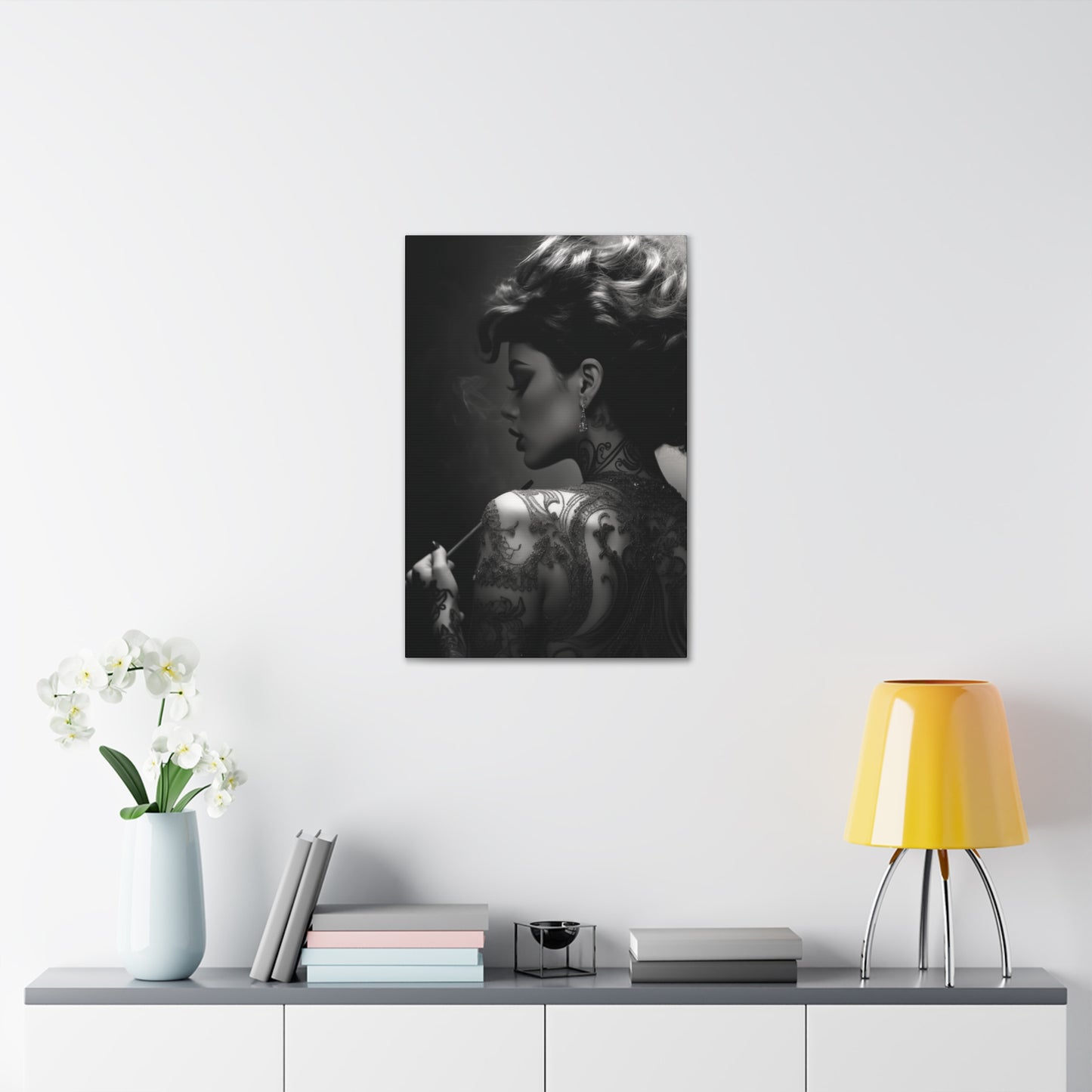 Canvas Gallery Wrap - Black and White Photography - Tattooed and Smoking