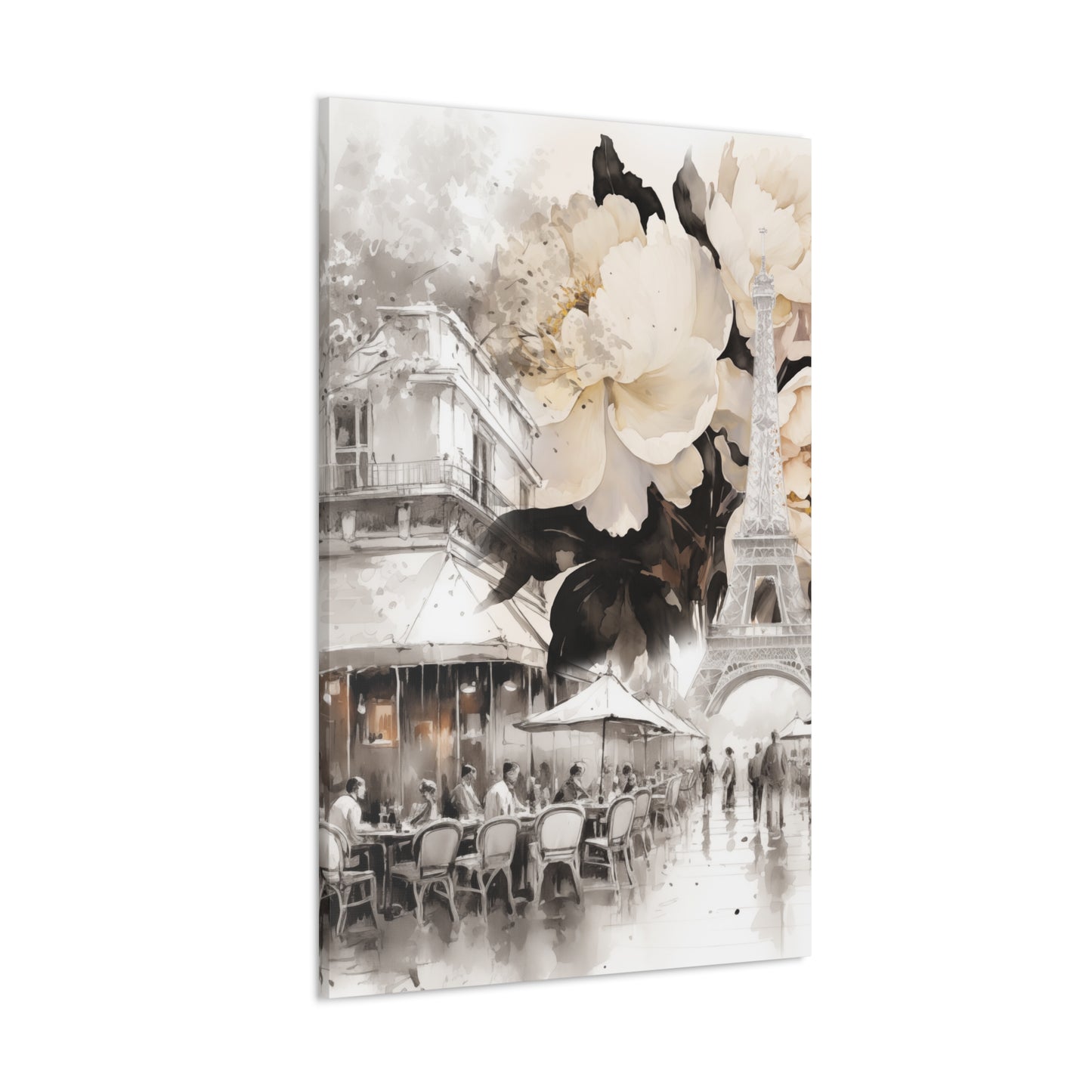 Cafe in Paris with Cream Peonies Canvas Gallery Wrap