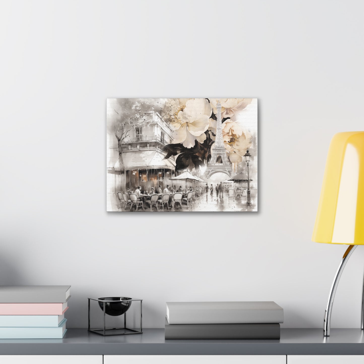 Cafe in Paris with Cream Peonies Canvas Gallery Wrap