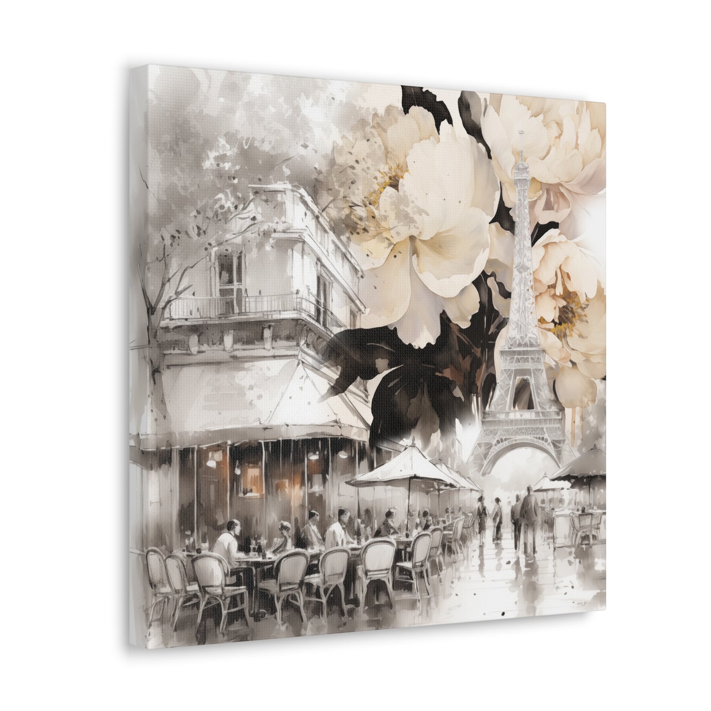 Cafe in Paris with Cream Peonies Canvas Gallery Wrap
