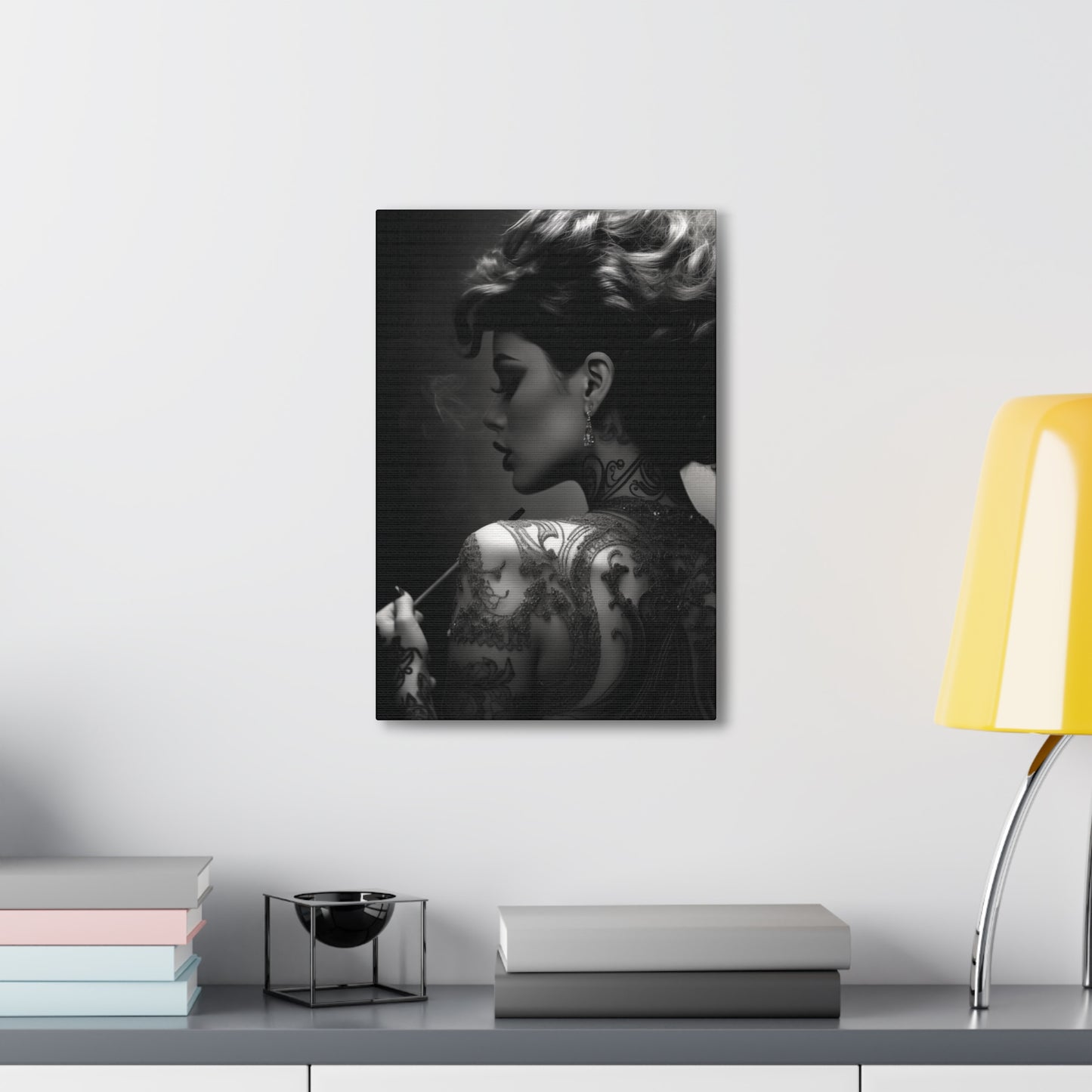 Canvas Gallery Wrap - Black and White Photography - Tattooed and Smoking