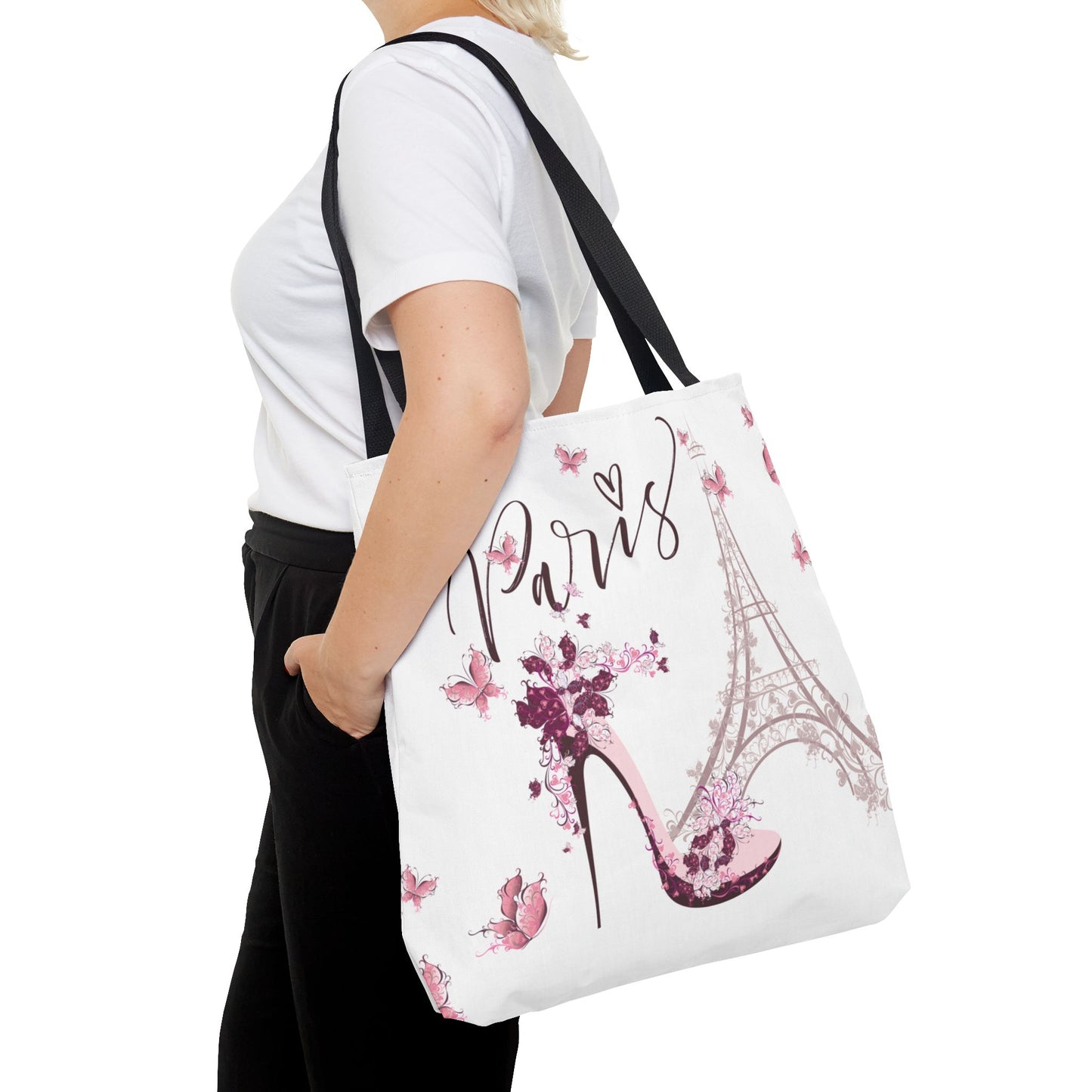 Eiffel Tower in Paris Tote Bag, Utility Tote - Paris France Inspired Tote - Pink Butterflies
