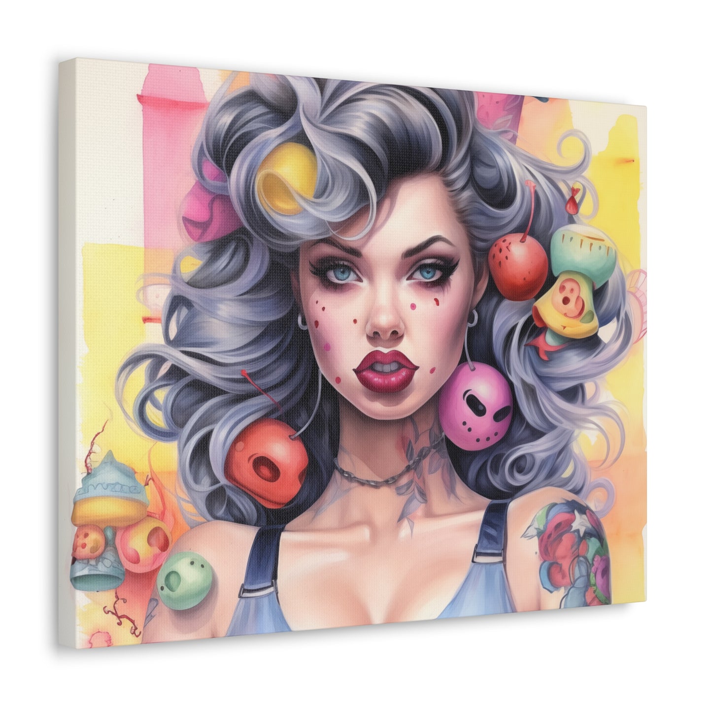 Gallery Wrapped Canvas, Tattooed Beauty, Femme Doll Pop Art Canvas – Lila