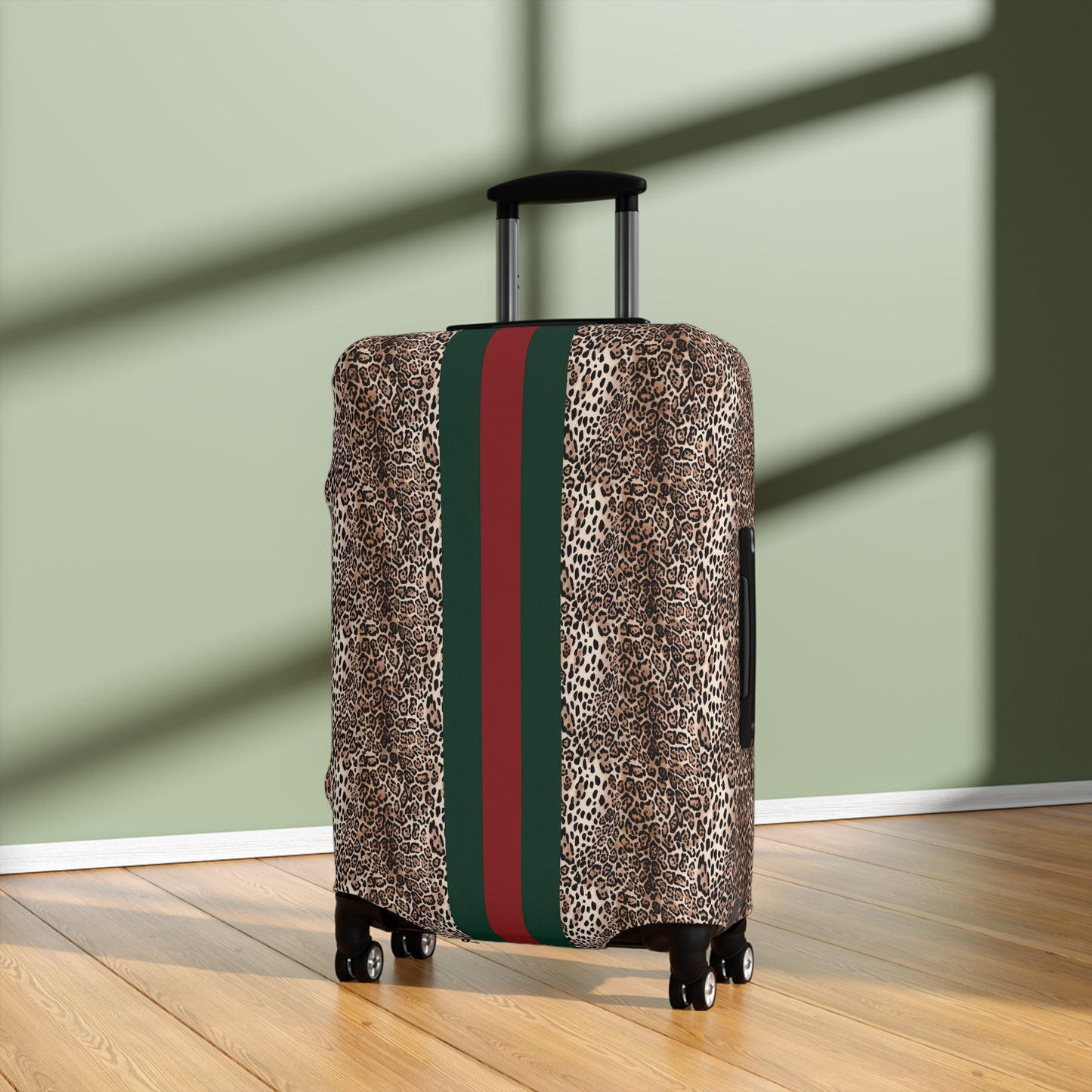 Designer Inspired Luggage Cover - Leopard - Red Green Stripe