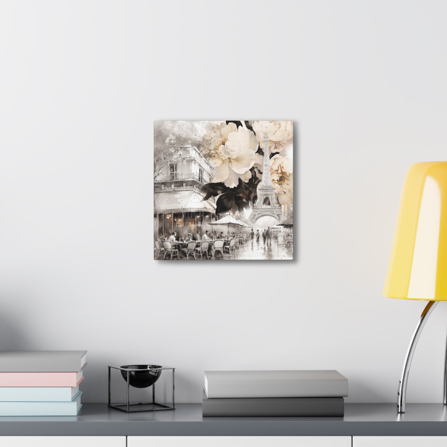 Cafe in Paris with Cream Peonies Canvas Gallery Wrap