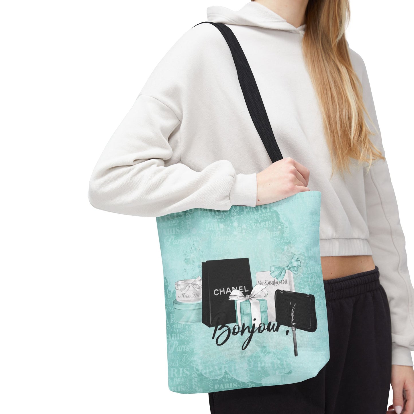Bonjour Tote Bag, Utility Tote - Designer Inspired Tote - Fashion Tote - Breakfast at Tiffany