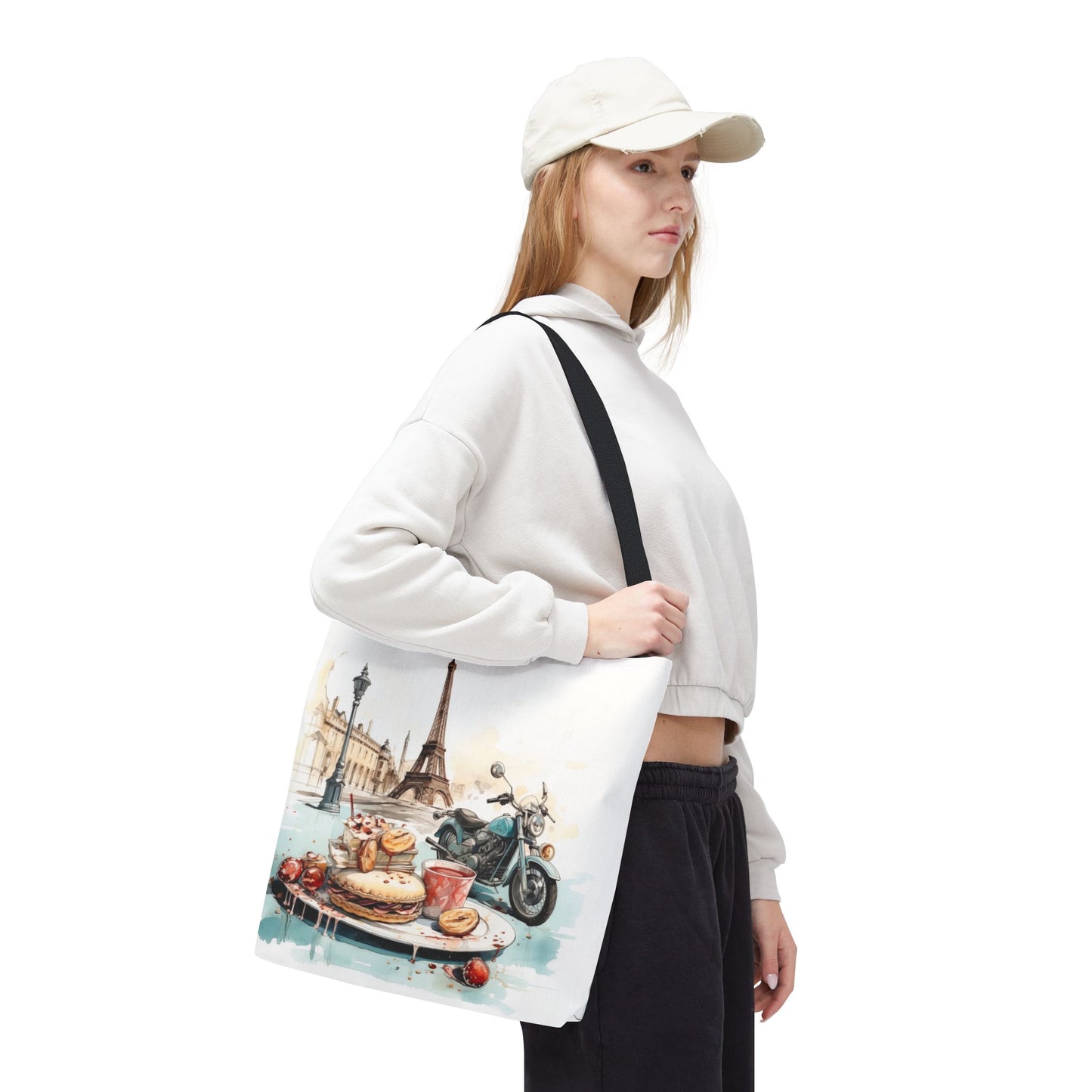 Canvas Tote Bag, Basic Square Tote - Vintage Motorcycle and Pastries in Paris