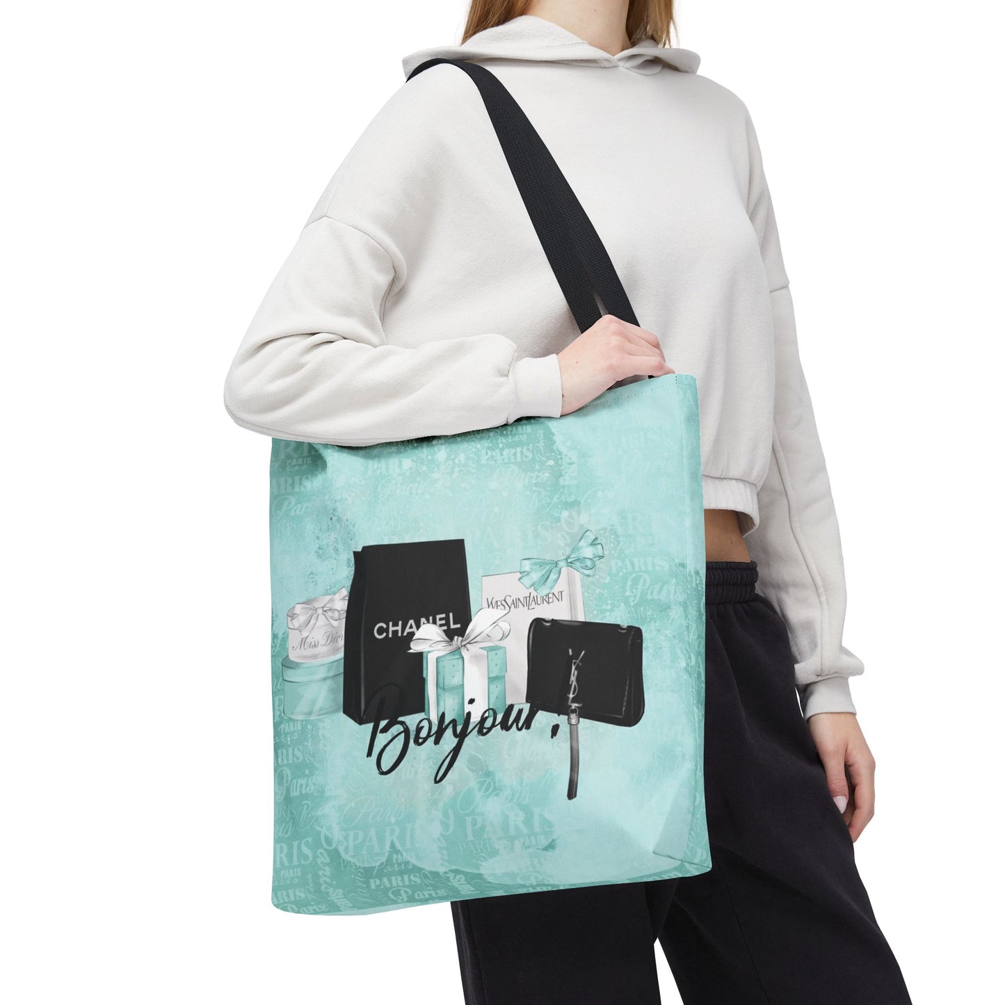Bonjour Tote Bag, Utility Tote - Designer Inspired Tote - Fashion Tote - Breakfast at Tiffany