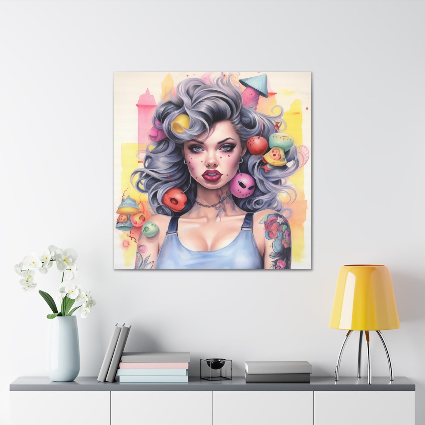 Gallery Wrapped Canvas, Tattooed Beauty, Femme Doll Pop Art Canvas – Lila