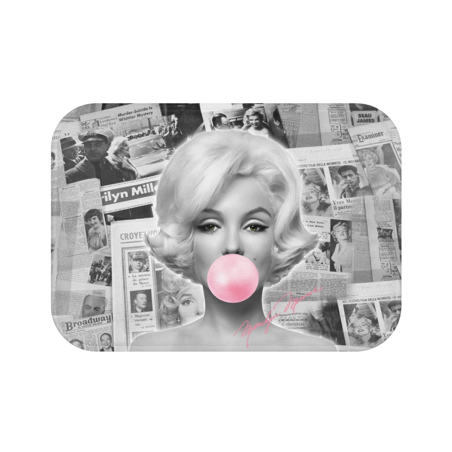 Marilyn Monroe Bath Mat - Black and White Vintage News Print - Marilyn Monroe Bubblegum Pink Autograph Bath Curtain