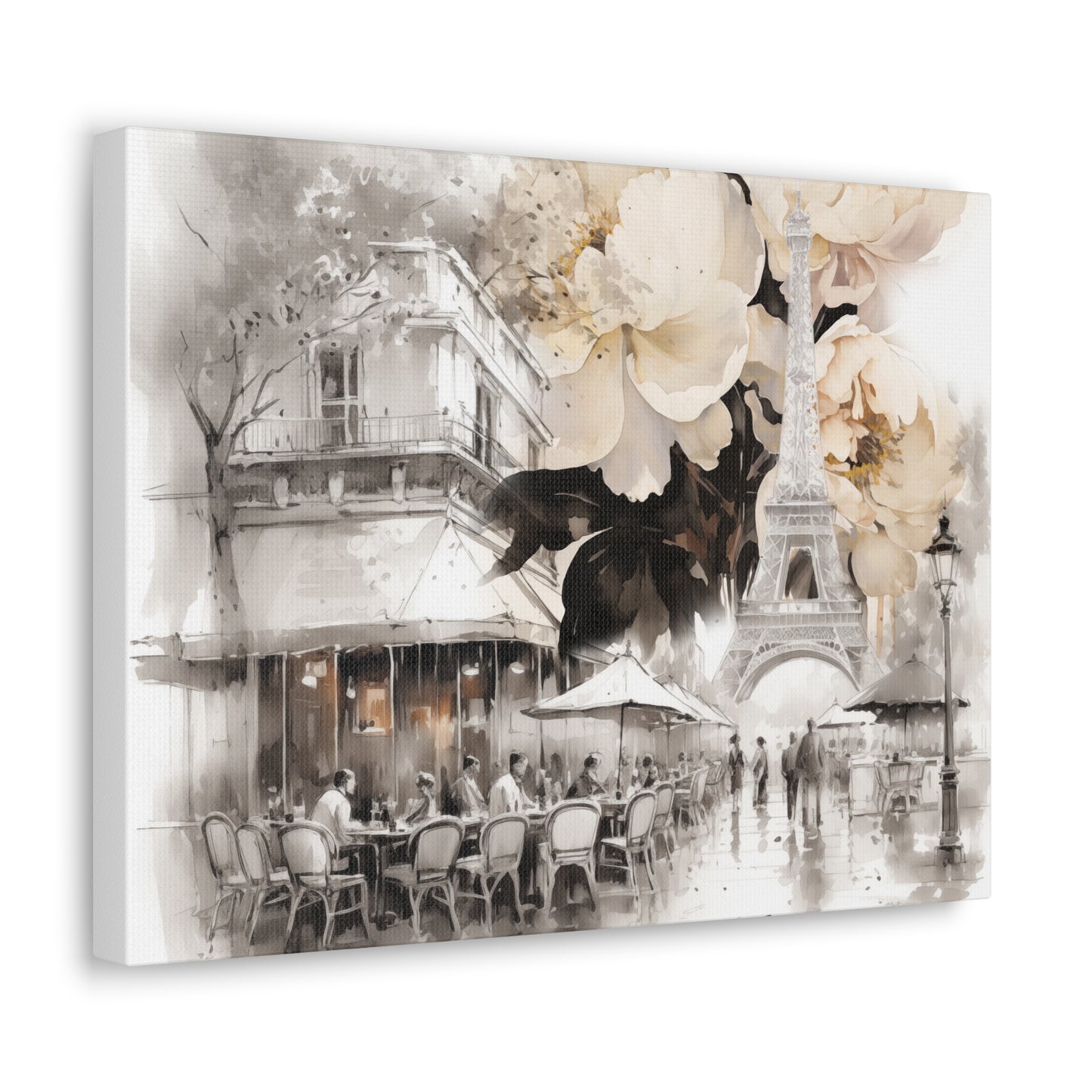 Cafe in Paris with Cream Peonies Canvas Gallery Wrap