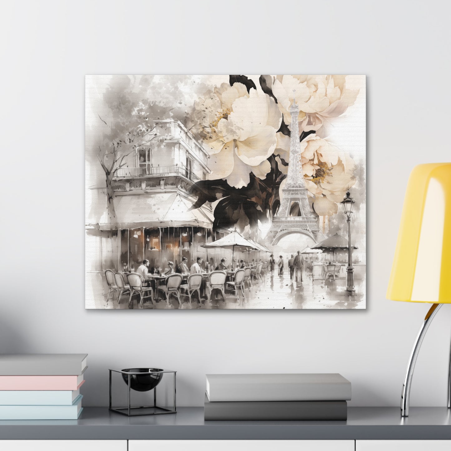 Cafe in Paris with Cream Peonies Canvas Gallery Wrap