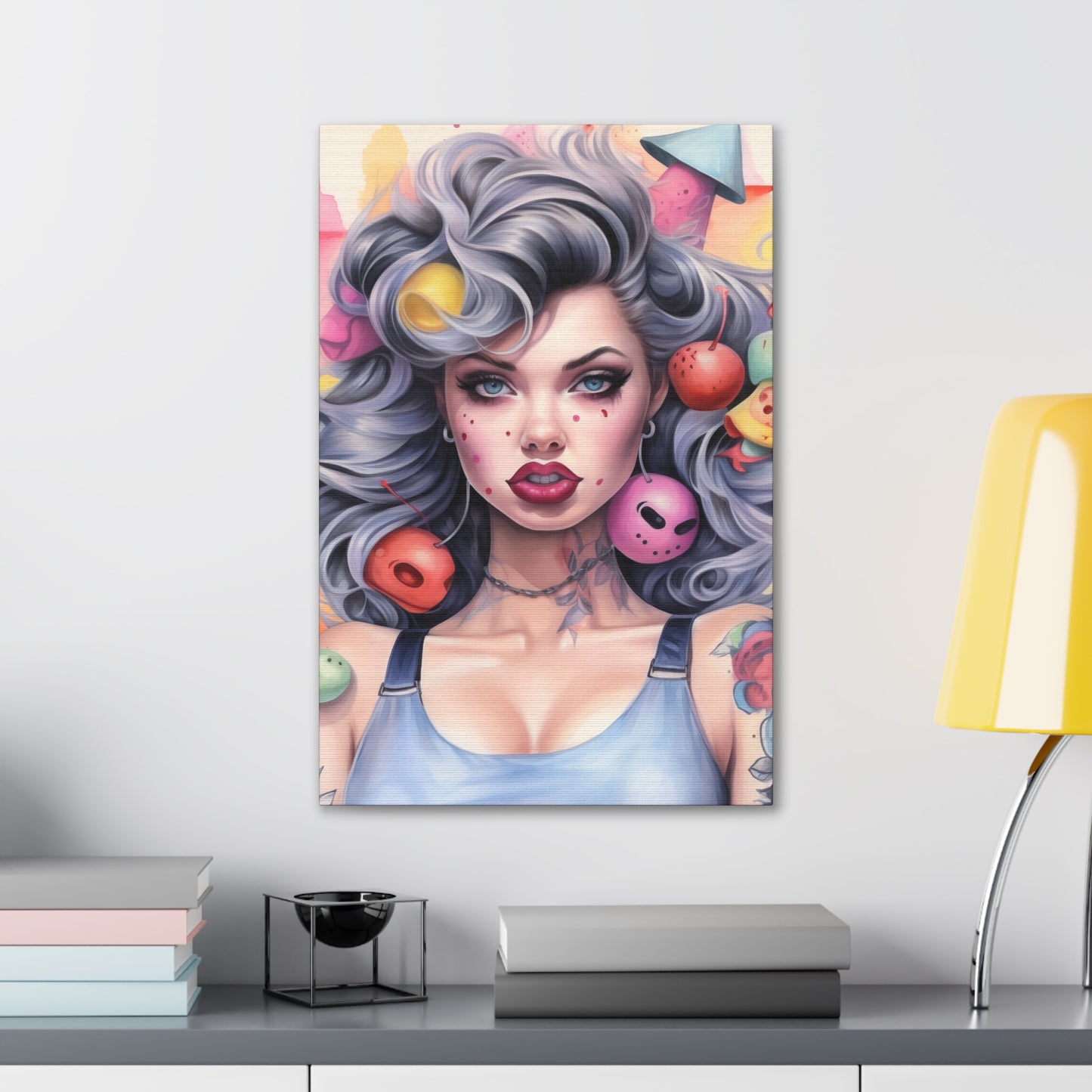 Gallery Wrapped Canvas, Tattooed Beauty, Femme Doll Pop Art Canvas – Lila