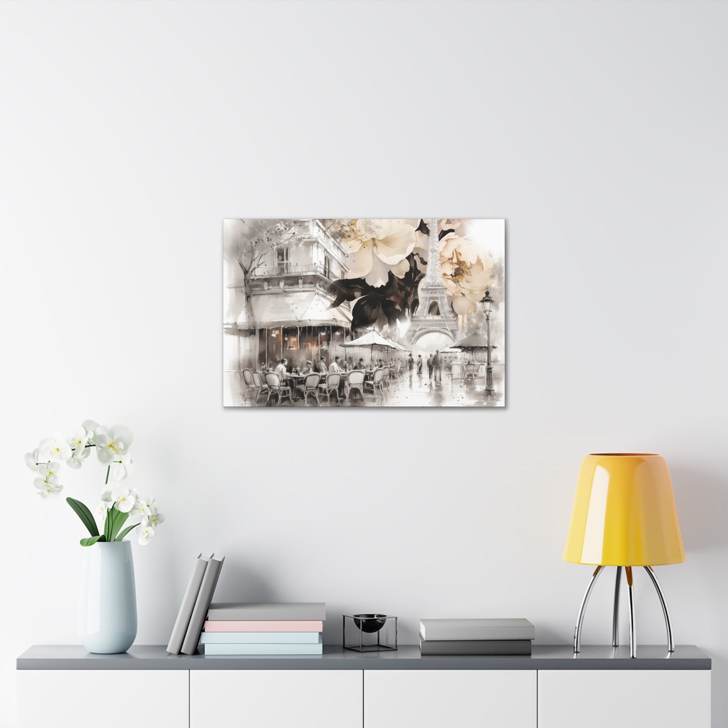 Cafe in Paris with Cream Peonies Canvas Gallery Wrap