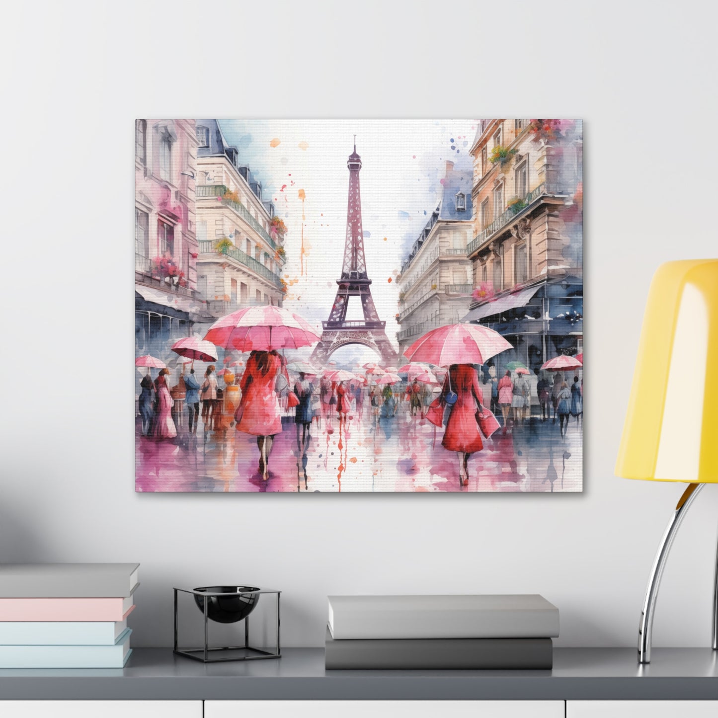 Eiffel Tower Wall Art, Paris France, Canvas Gallery Wrap - Pink Umbrellas